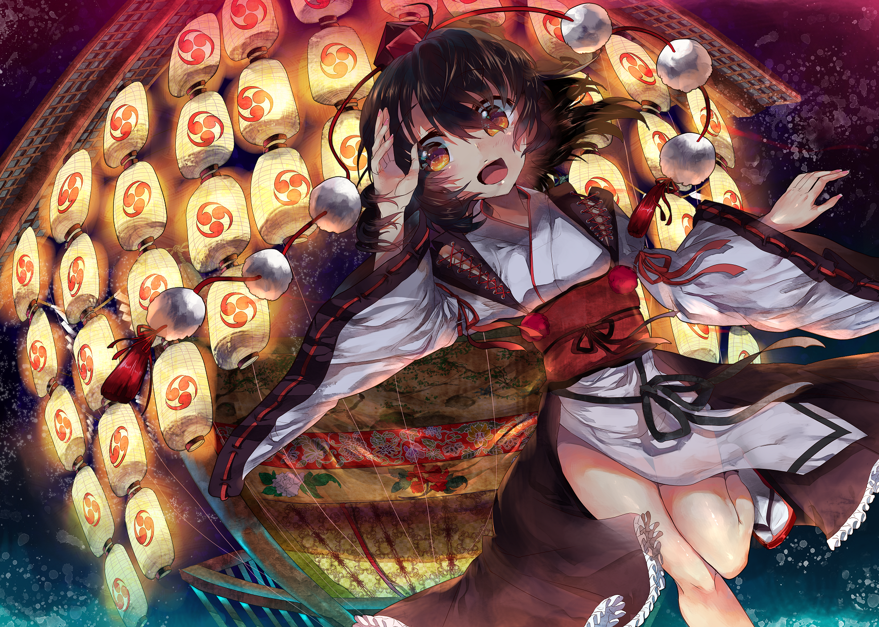 Reimu Hakurei from Touhou Project with lanterns HD Wallpaper