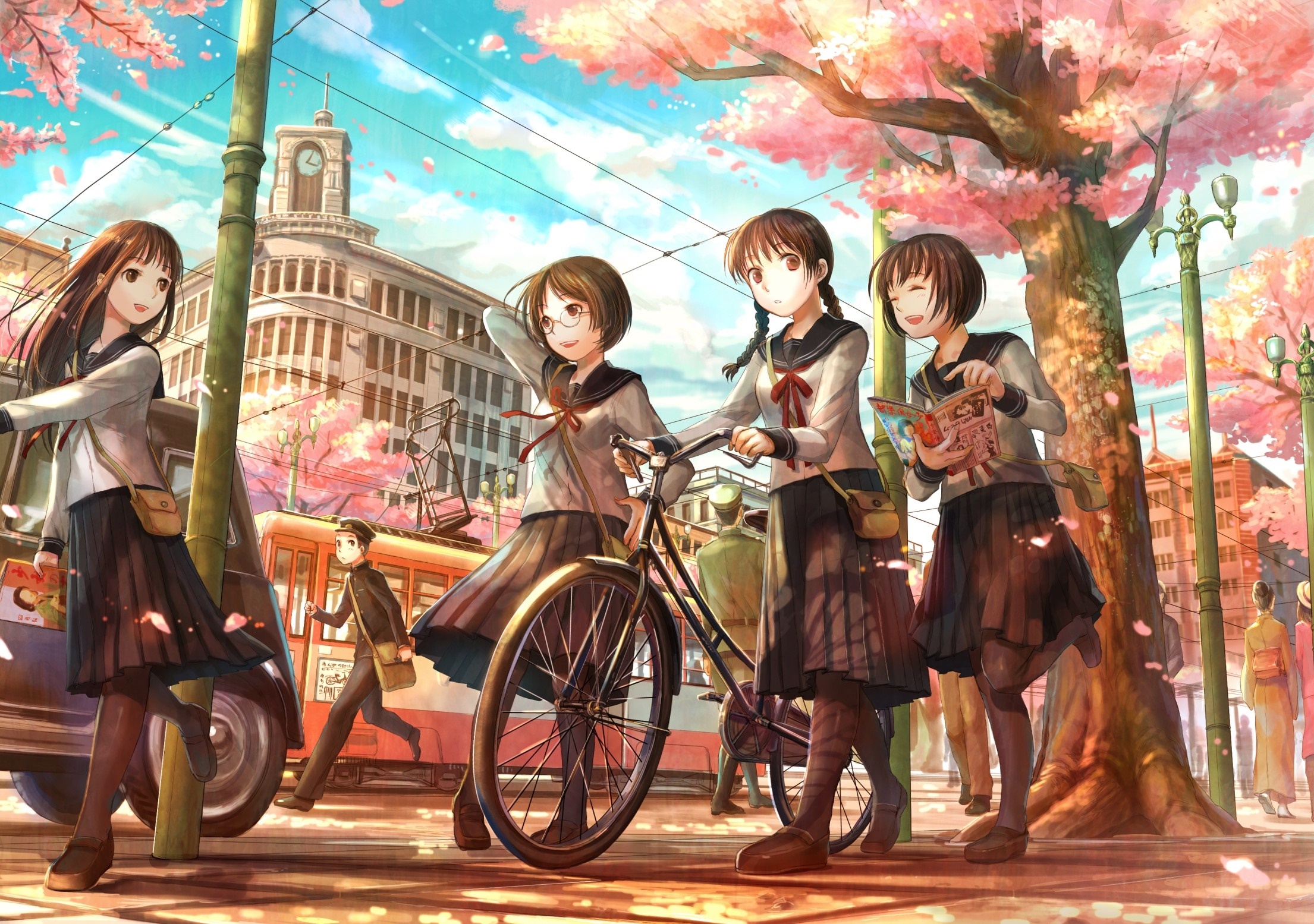 Anime girls in school uniforms walking by a streetcar HD Wallpaper