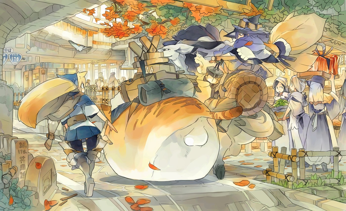 Anime characters with a large cat-like creature in a marketplace HD Wallpaper