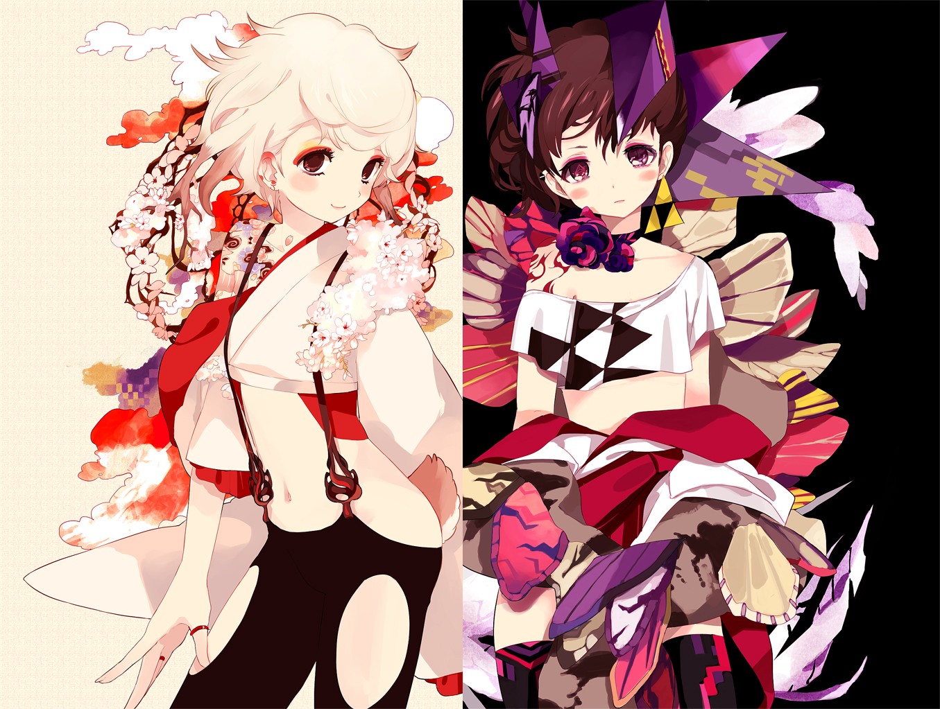 Two anime girls with elaborate outfits and hairstyles HD Wallpaper