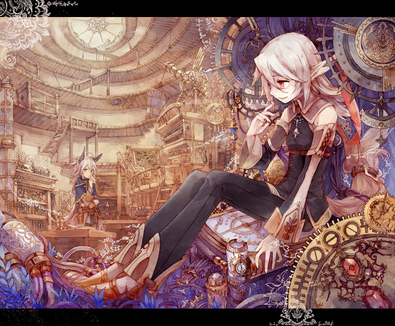 Anime illustration of elves in a steampunk library HD Wallpaper
