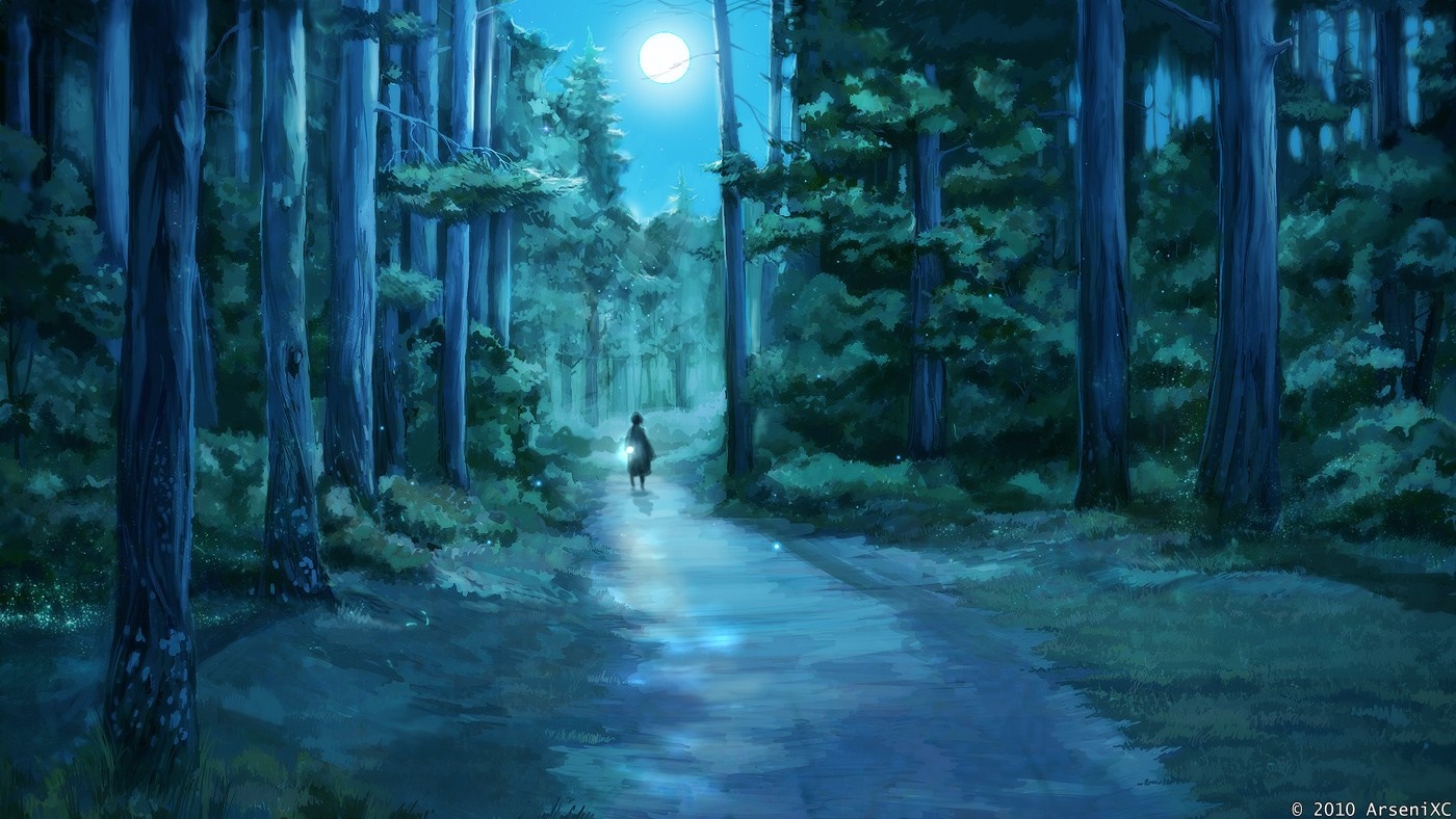 Anime artwork of a person walking in a moonlit forest HD Wallpaper