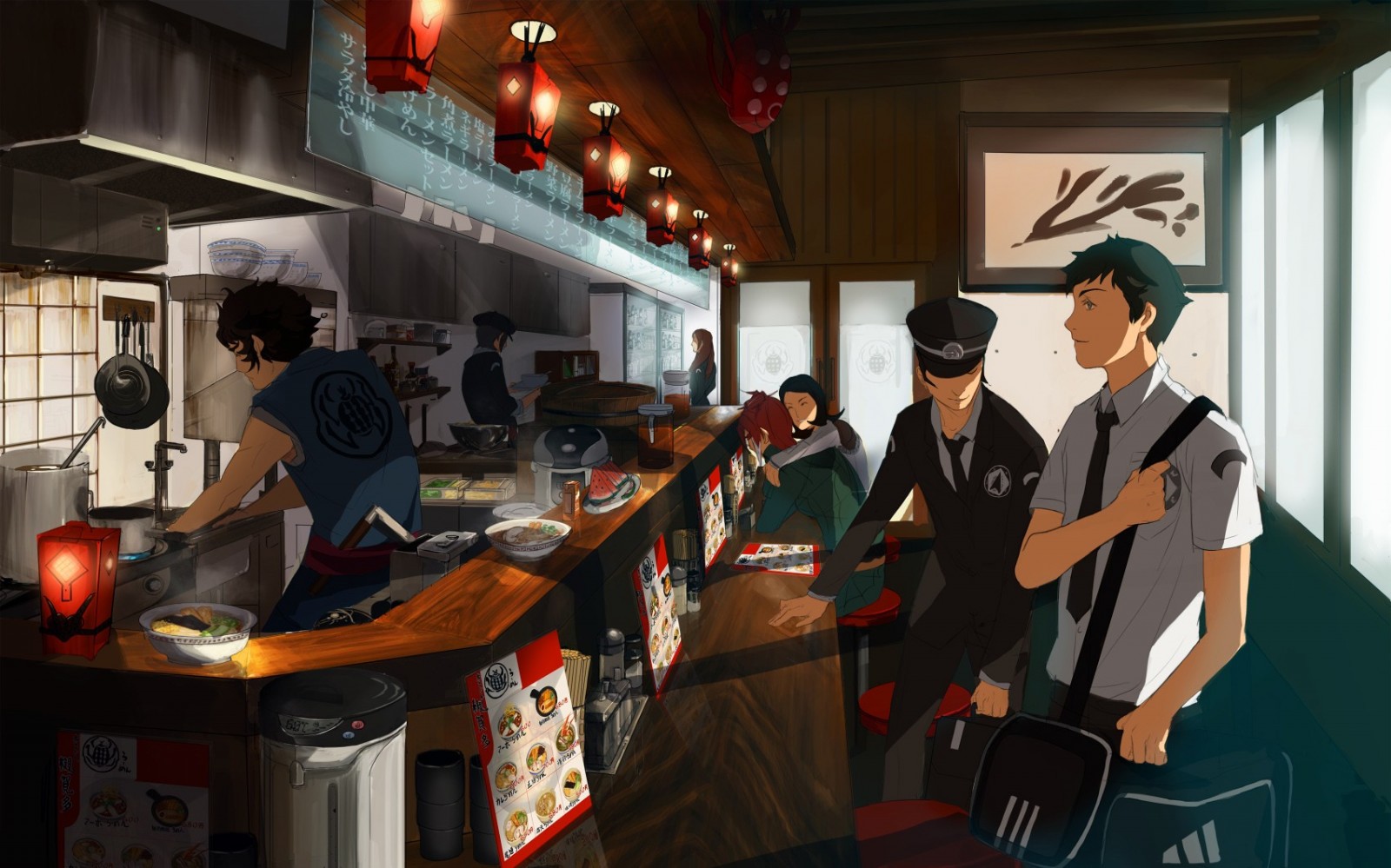 Anime screenshot of people in a ramen shop HD Wallpaper
