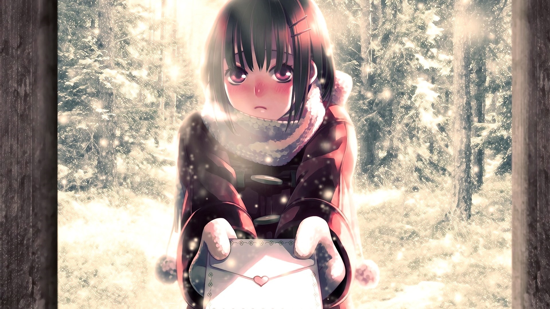 Anime girl with short hair in snow holding an envelope HD Wallpaper