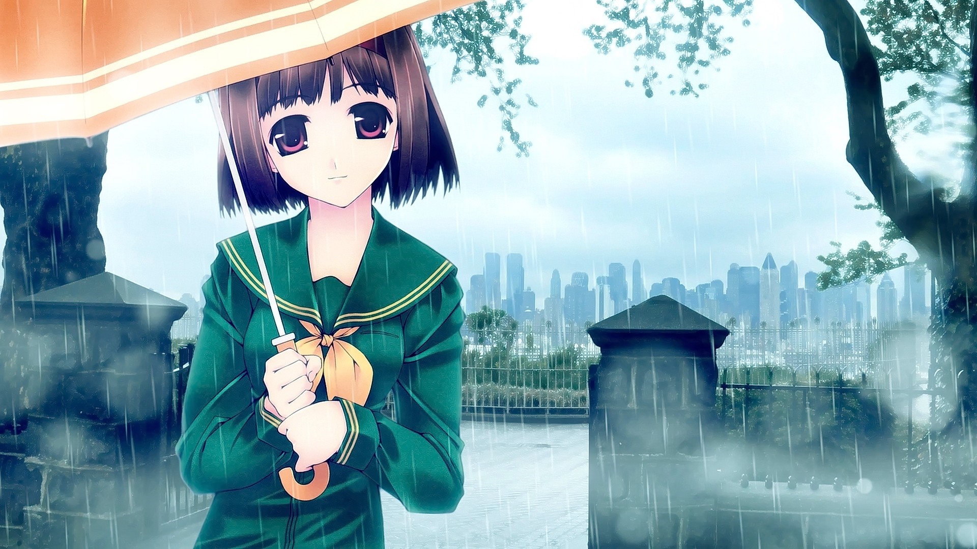 Anime girl with umbrella in the rain with city skyline HD Wallpaper