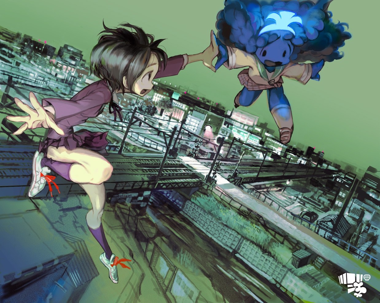 Anime girl and blue creature falling over train tracks HD Wallpaper