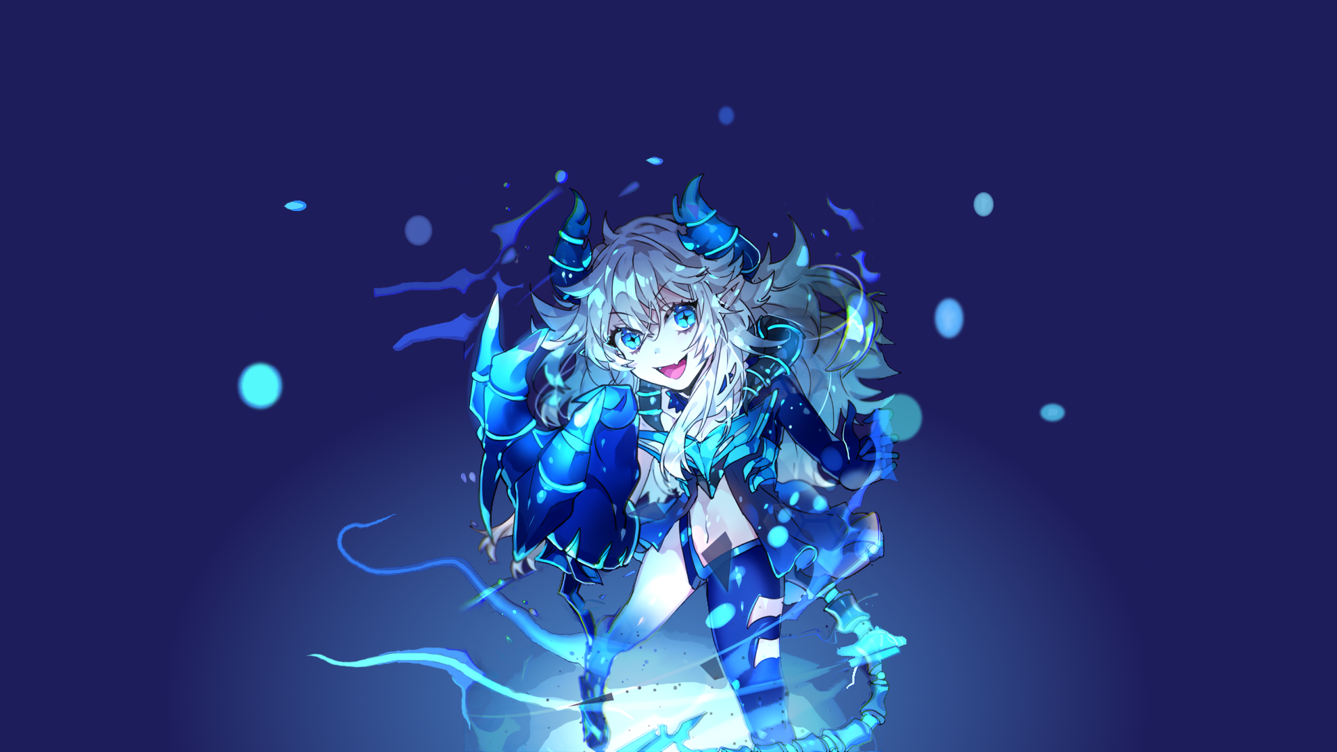 Lu from Elsword with blue horns and glowing armor HD Wallpaper