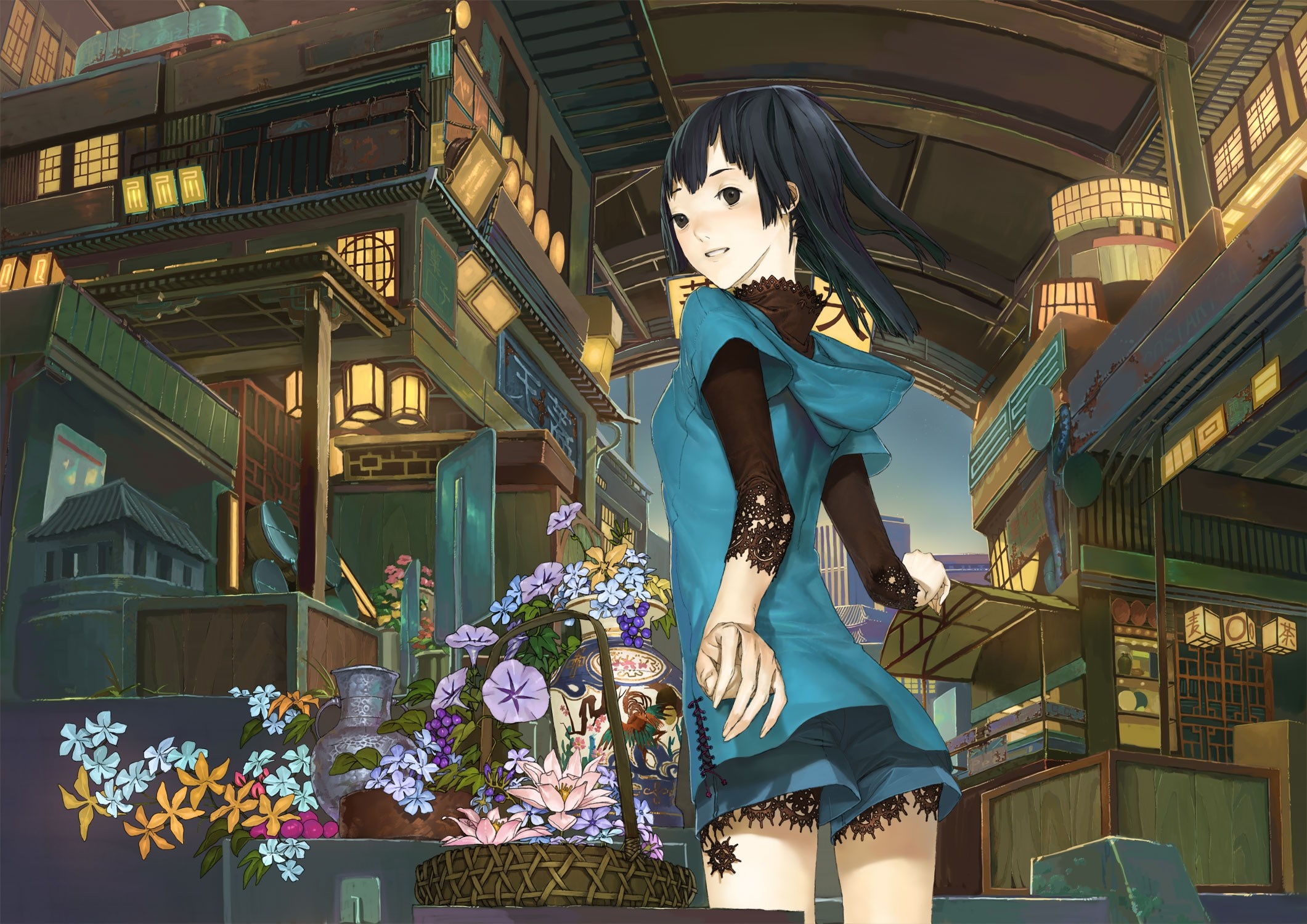Anime girl in blue dress with flowers in market HD Wallpaper