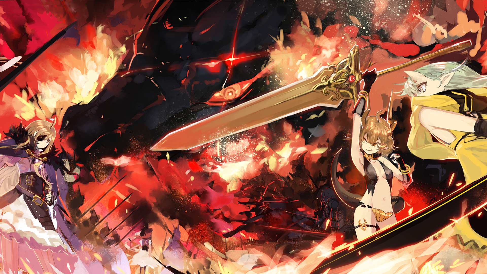 Anime characters fighting a dragon with swords HD Wallpaper