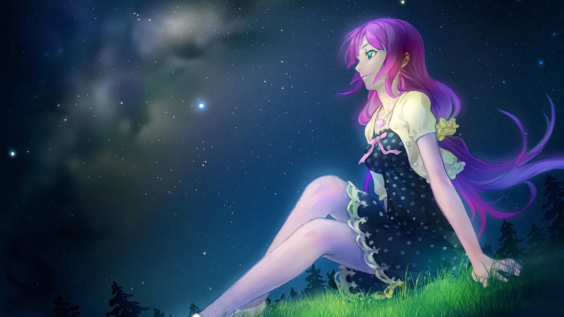 Anime girl with purple hair looking at the starry sky HD Wallpaper