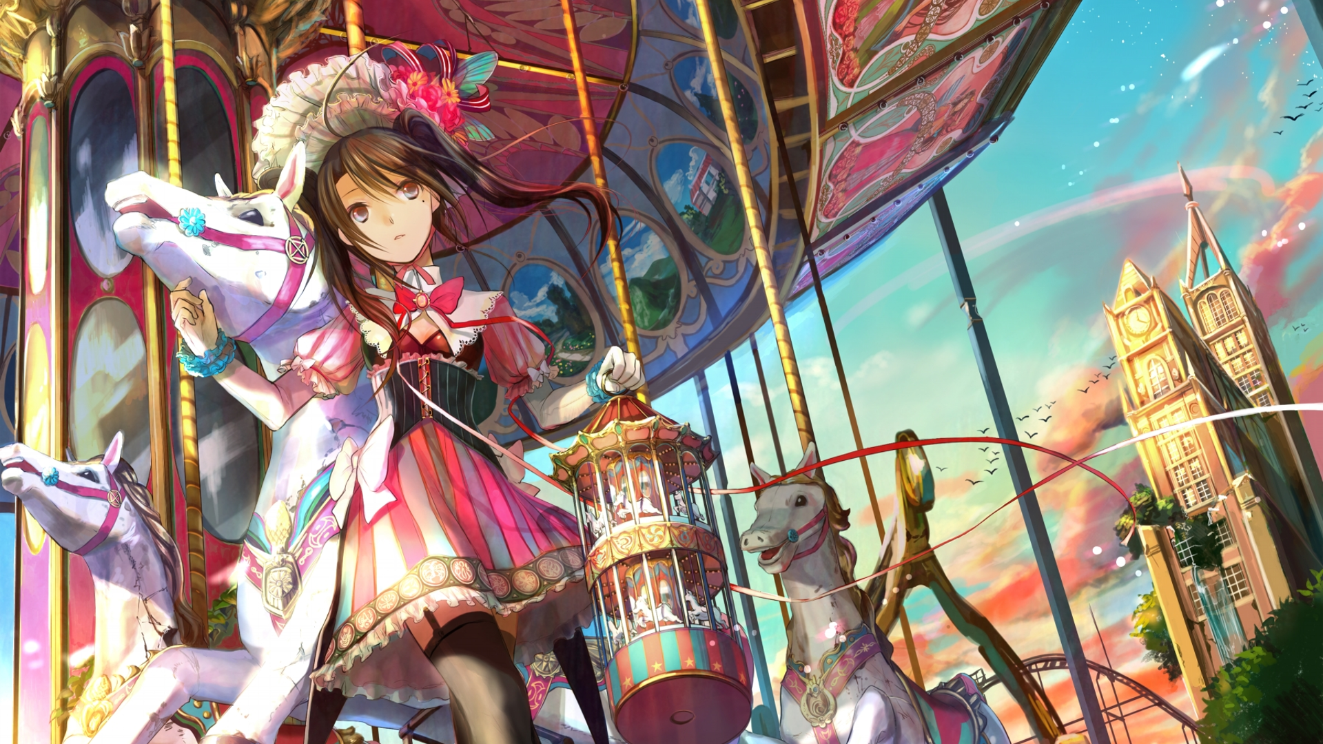 Anime girl on a carousel at sunset HD Wallpaper