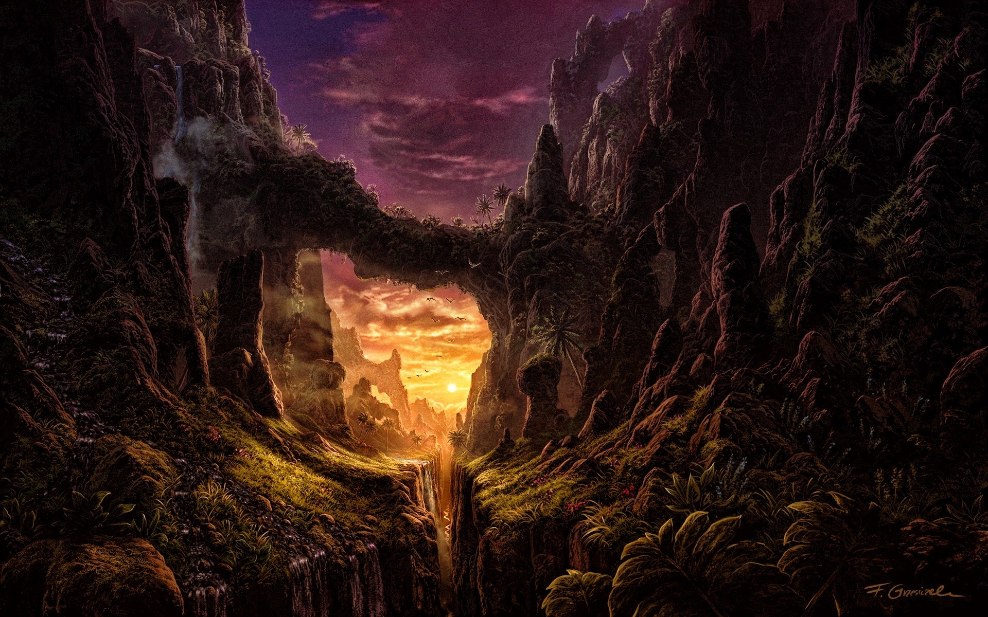 Fantasy landscape with rocky arches and sunset HD Wallpaper