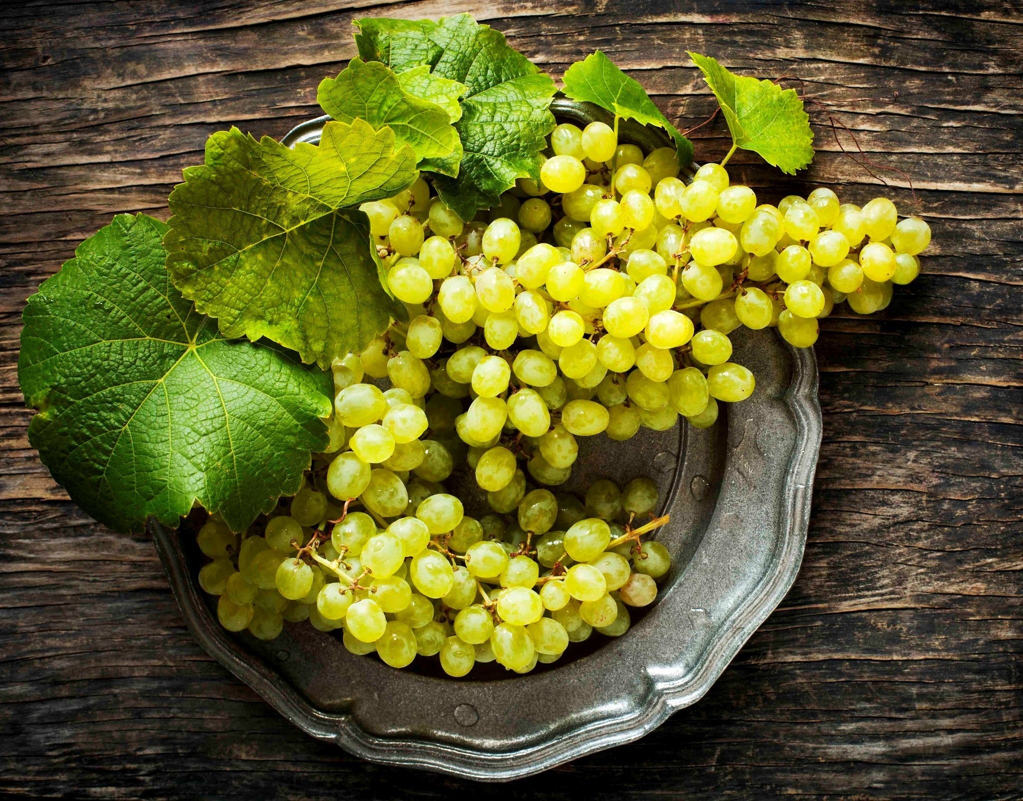 Green grapes with leaves on a metal plate HD Wallpaper