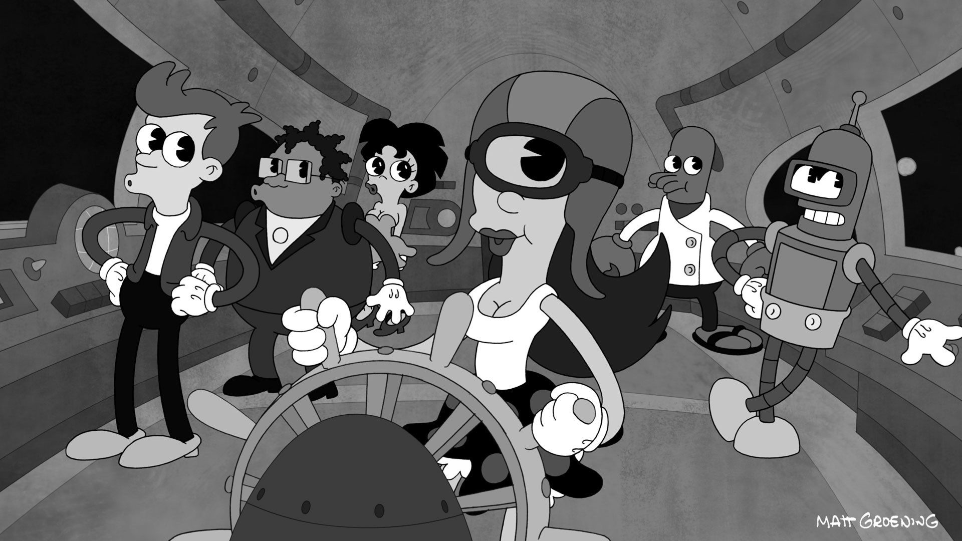 Futurama characters in a retro black and white style HD Wallpaper