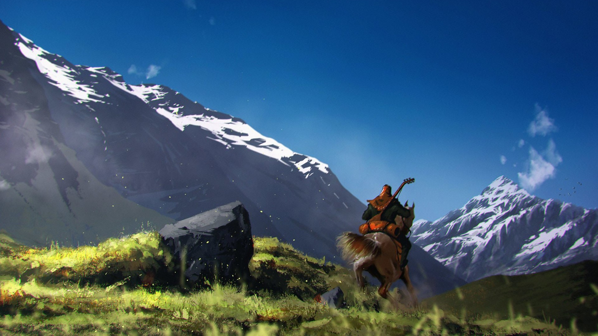 Man playing guitar on horseback in mountains HD Wallpaper