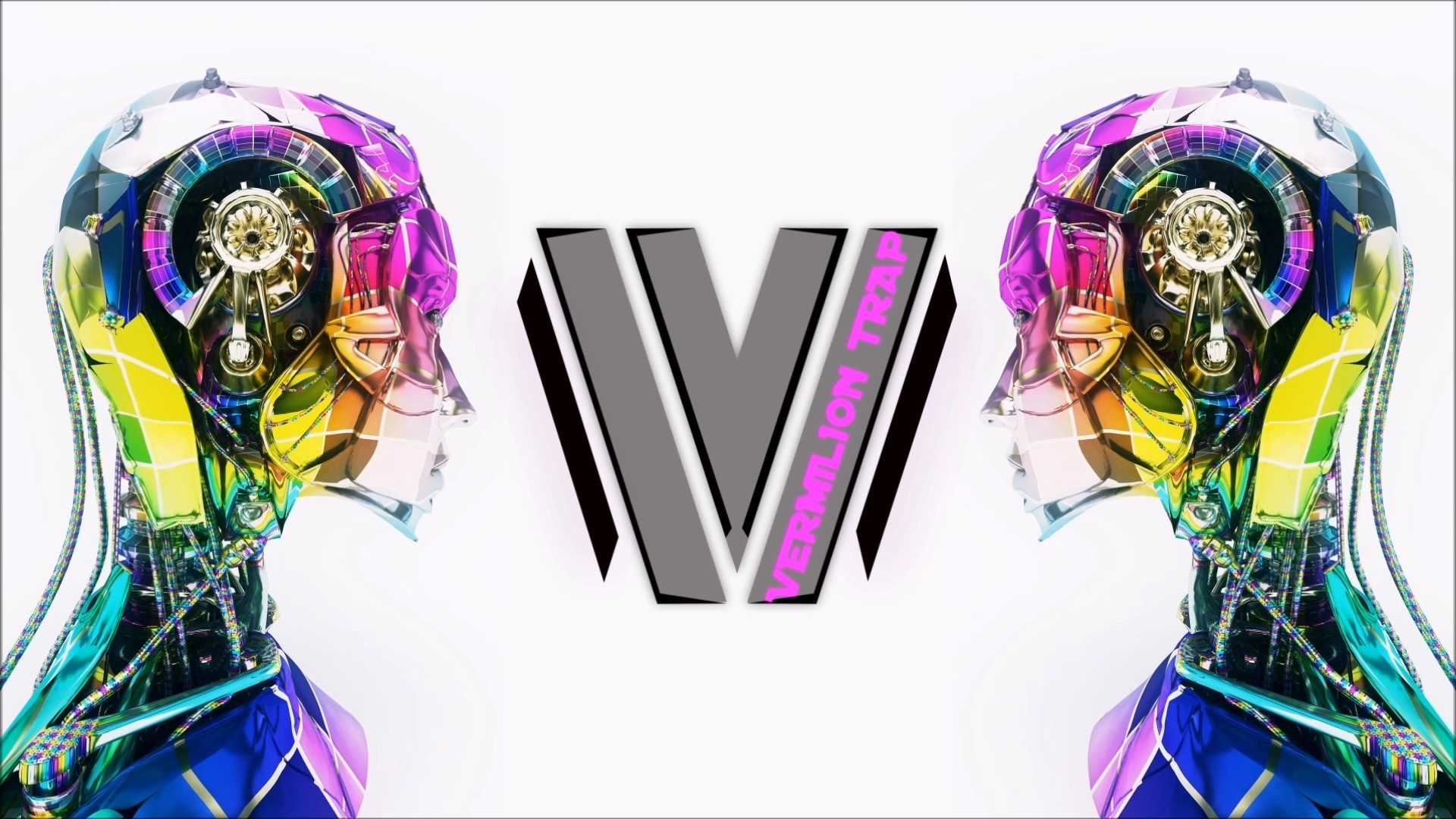 Vermilion Trap Logo with Robotic Heads HD Wallpaper