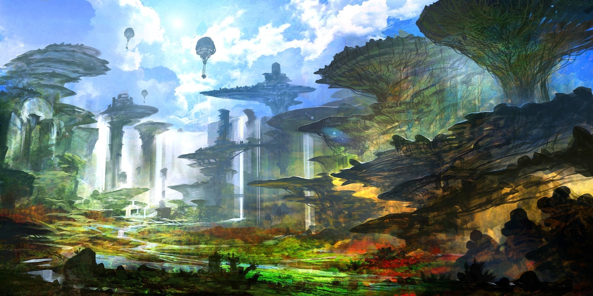 Fantasy landscape with floating islands and waterfalls HD Wallpaper