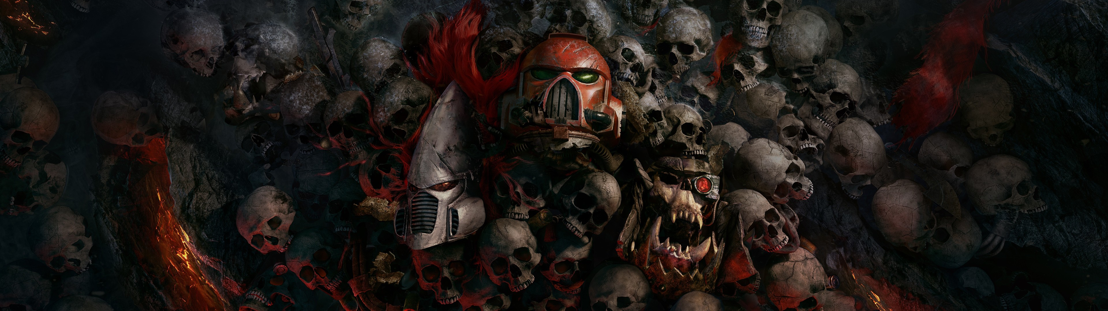 Warhammer 40,000: Eldar, Ork, and Space Marine amidst skulls HD Wallpaper