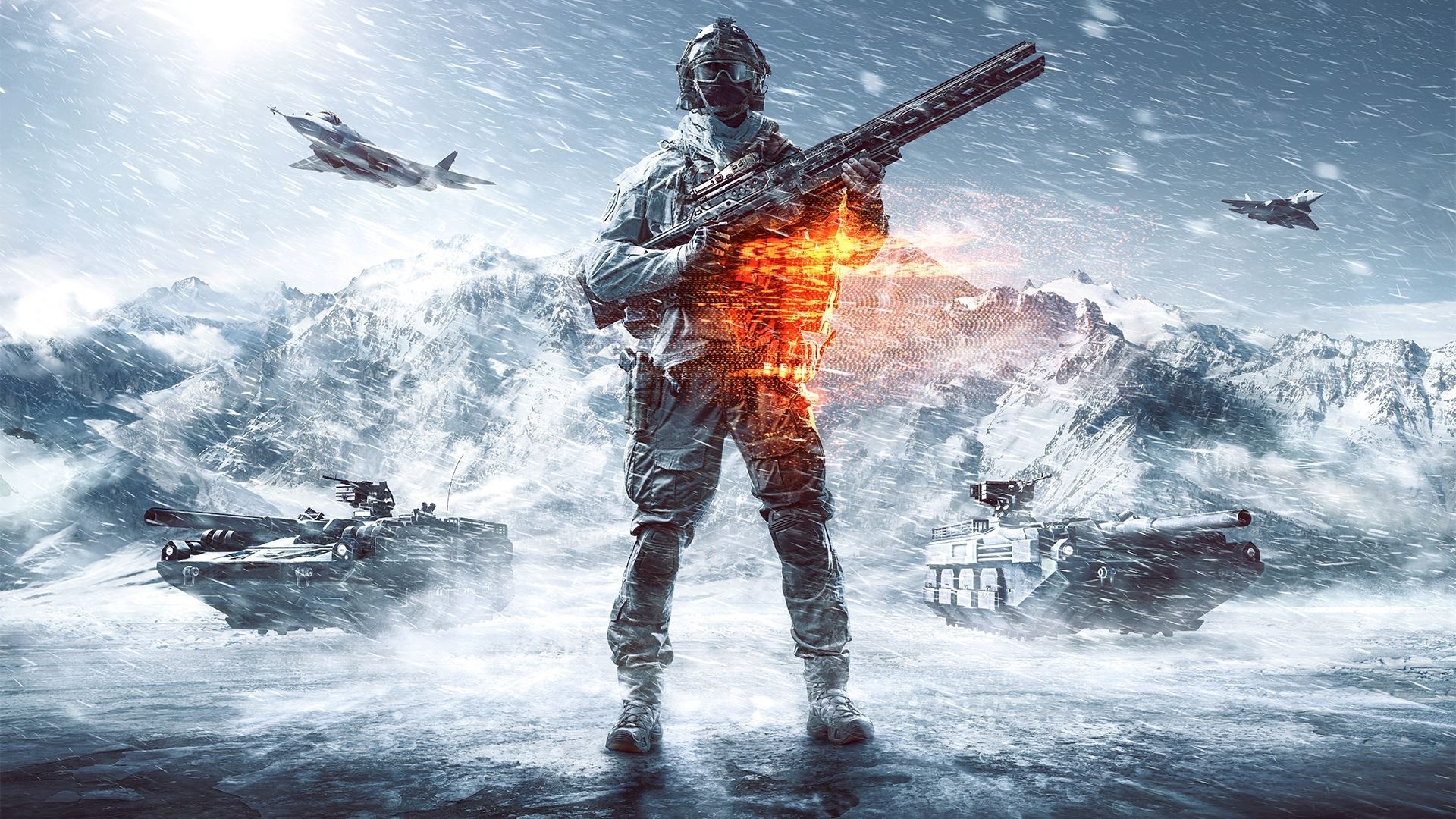 Soldier with rifle in snowy mountains with jets and tanks HD Wallpaper