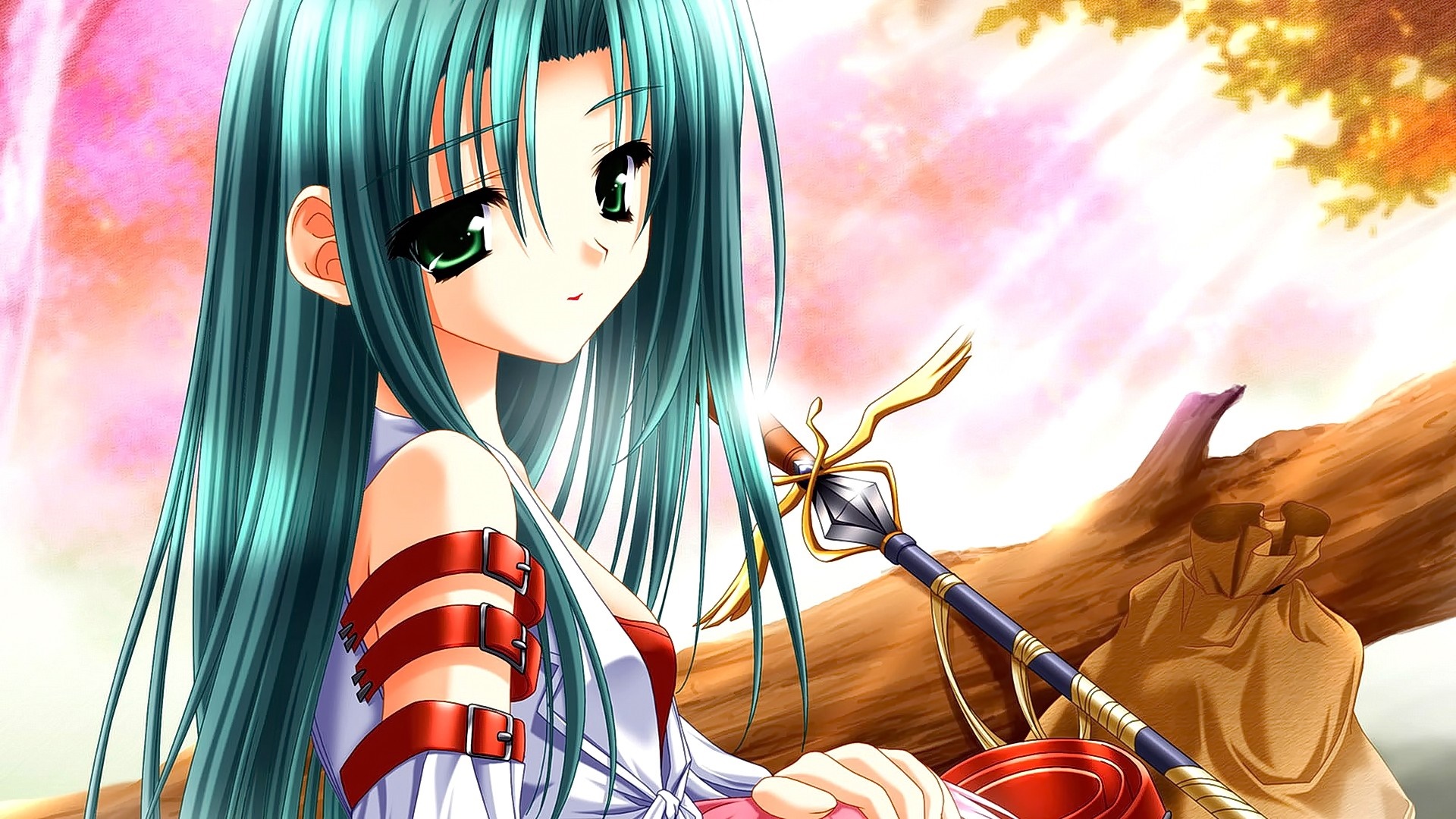 Aqua-haired girl with a staff HD Wallpaper