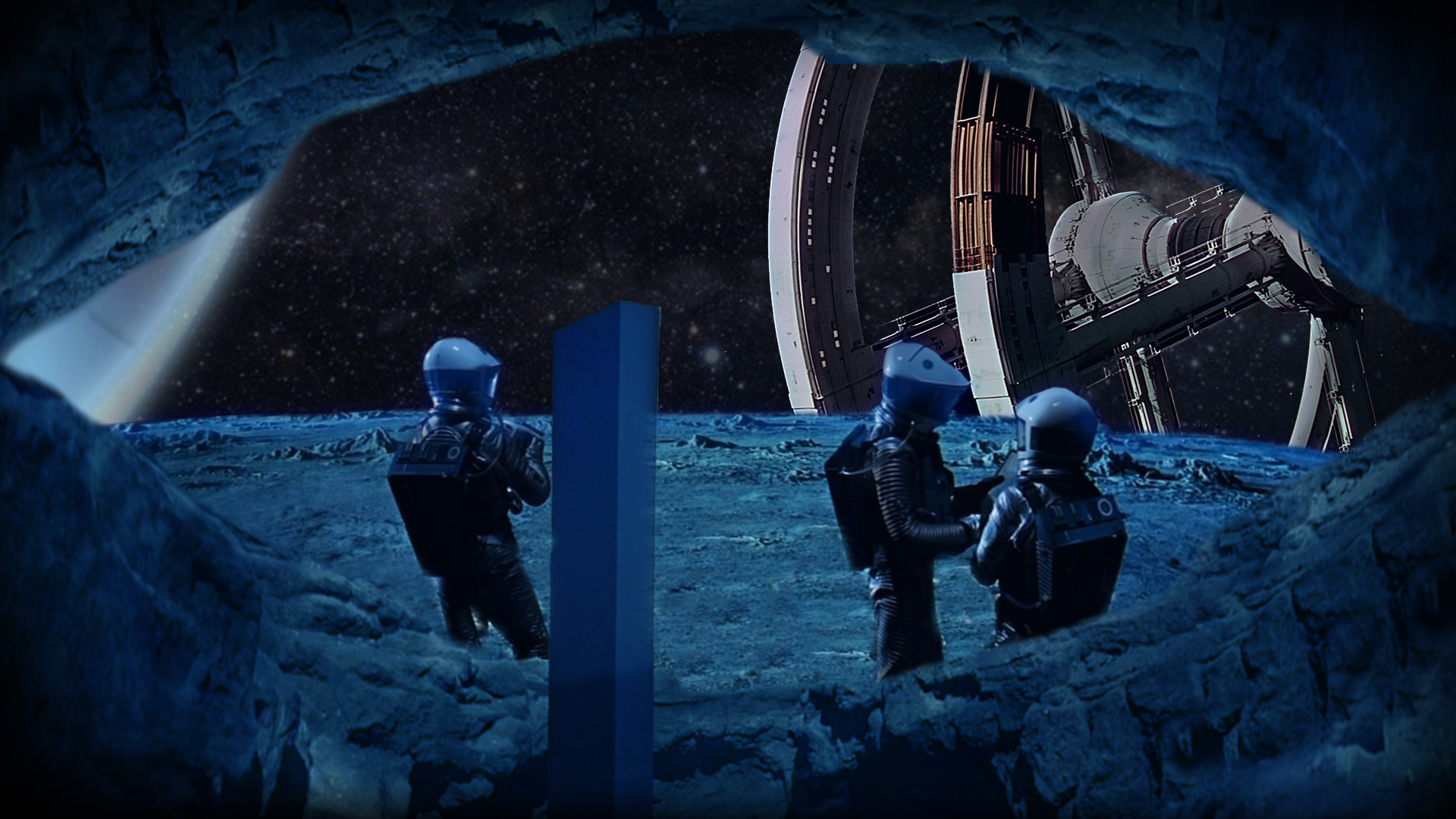 Astronauts on a moon-like surface with a monolith and space station HD Wallpaper