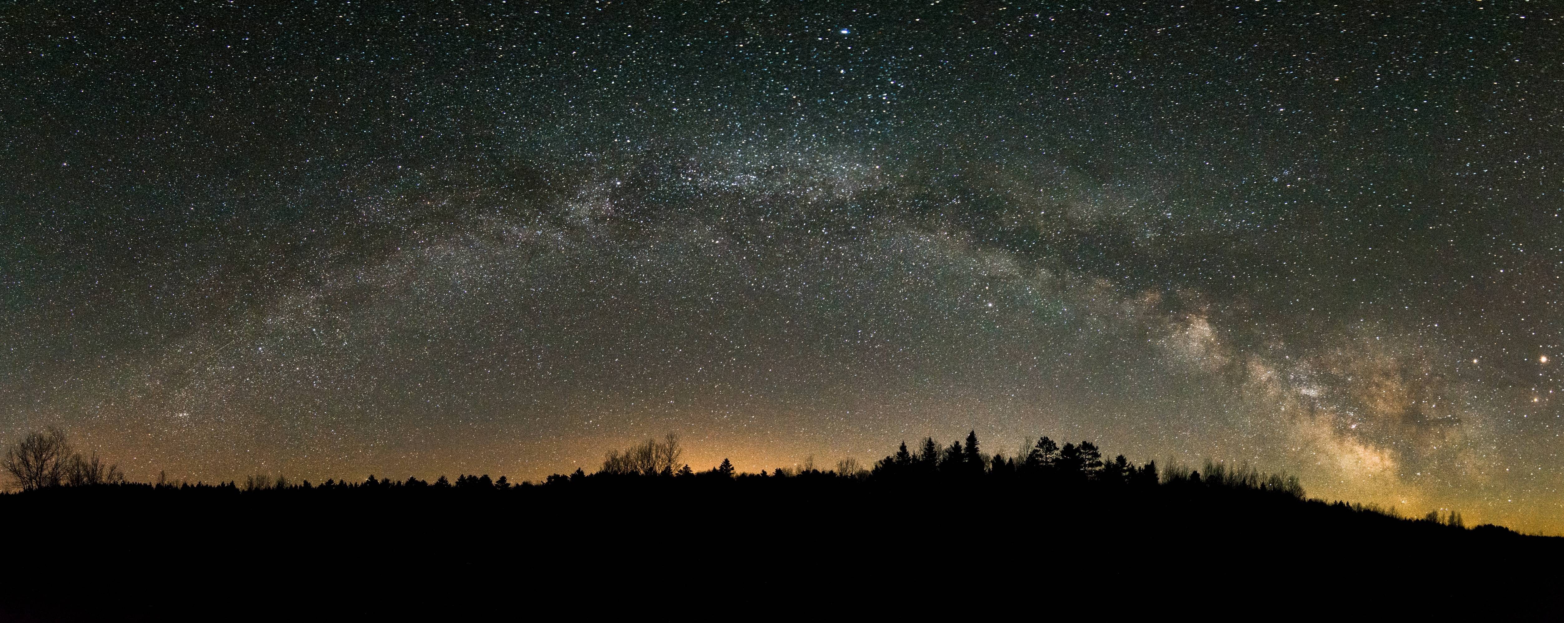 Milky Way over a silhouetted forest at night HD Wallpaper