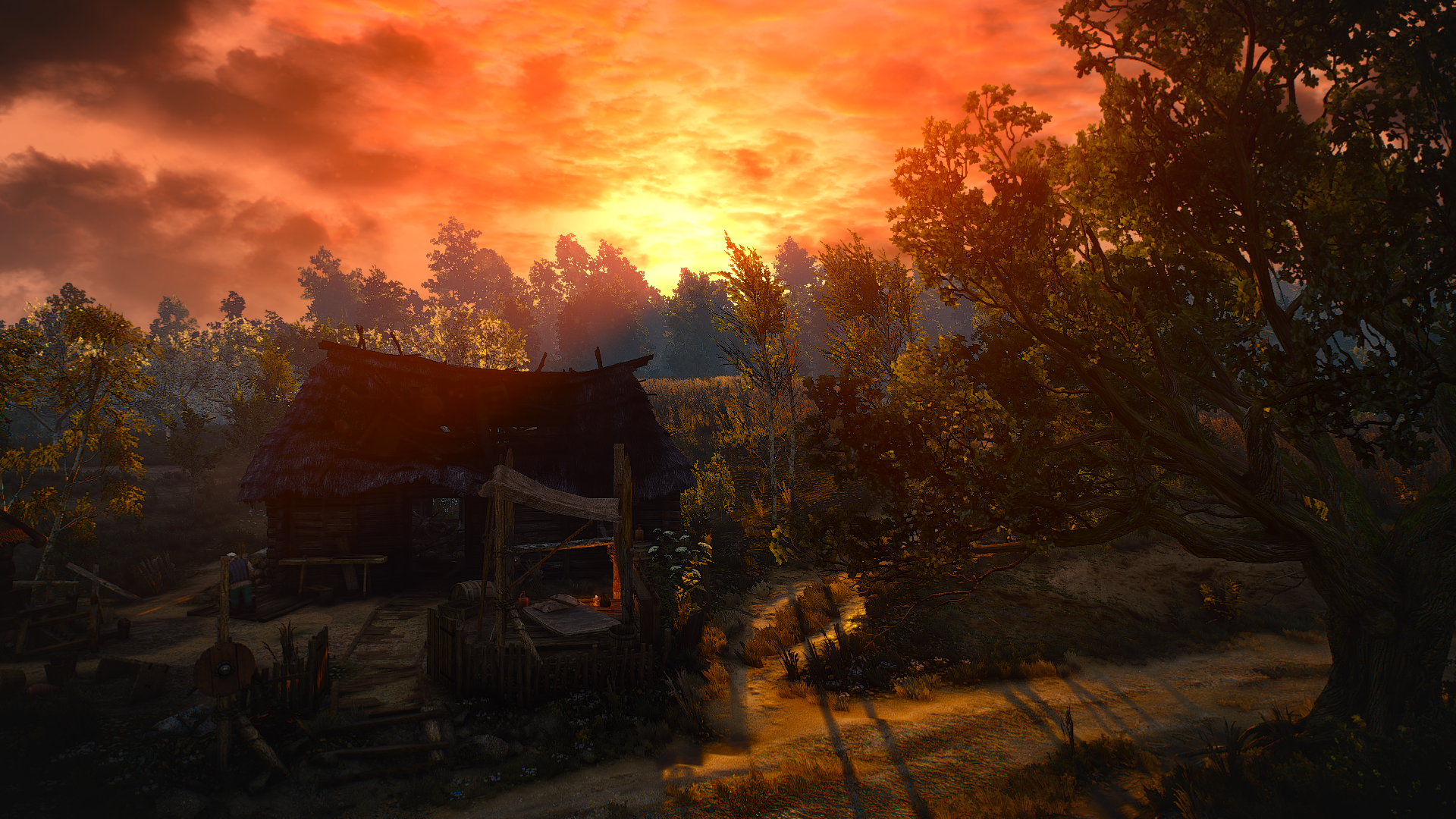 The Witcher 3: Wild Hunt - Sunset over a rustic cabin HD Wallpaper