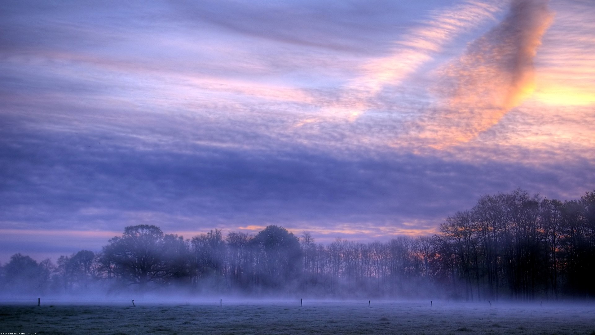Misty field at sunrise with colorful clouds HD Wallpaper