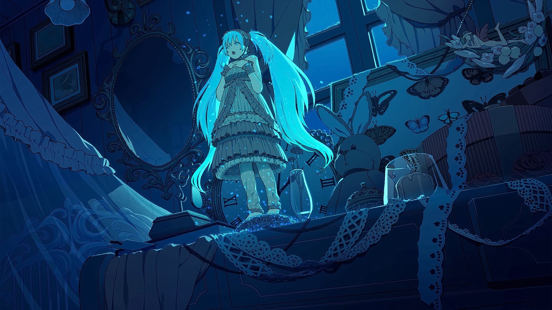 Hatsune Miku singing in a dark, ornate room HD Wallpaper