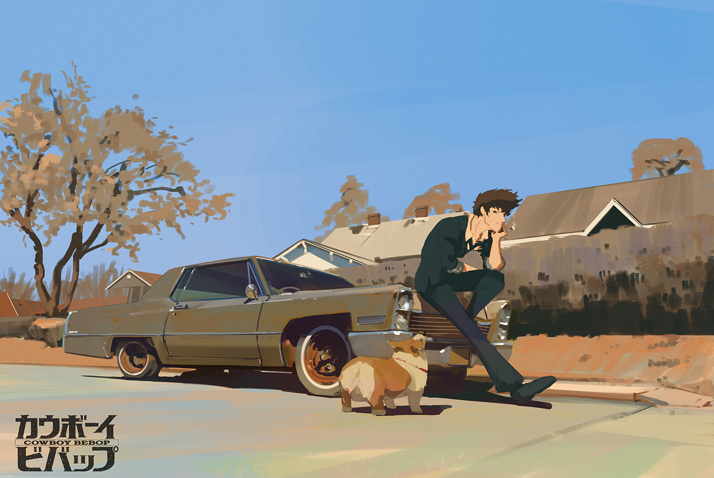 Spike Spiegel and Ein from Cowboy Bebop with a car HD Wallpaper