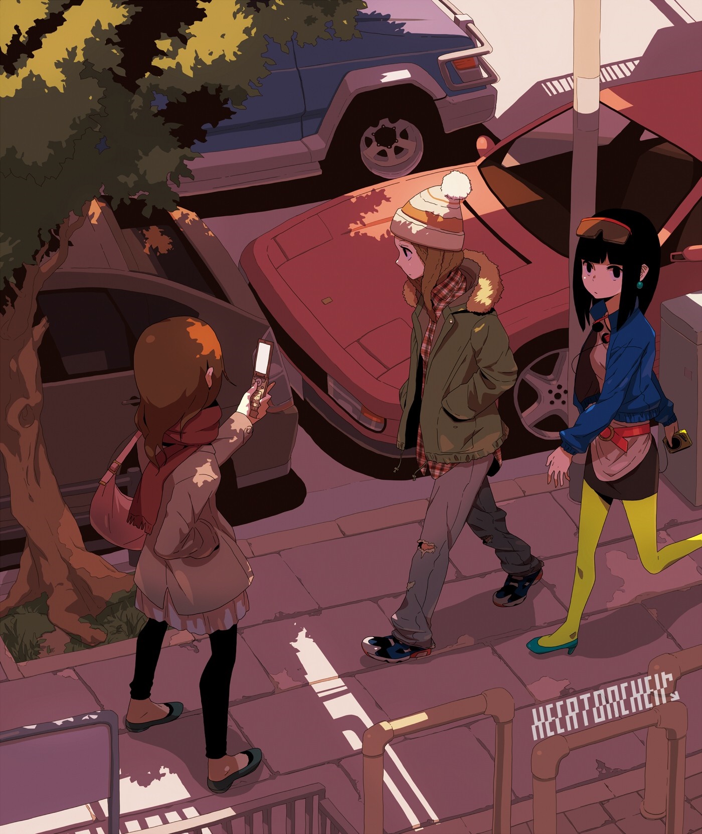 Anime girls walking on a city street with cars HD Wallpaper