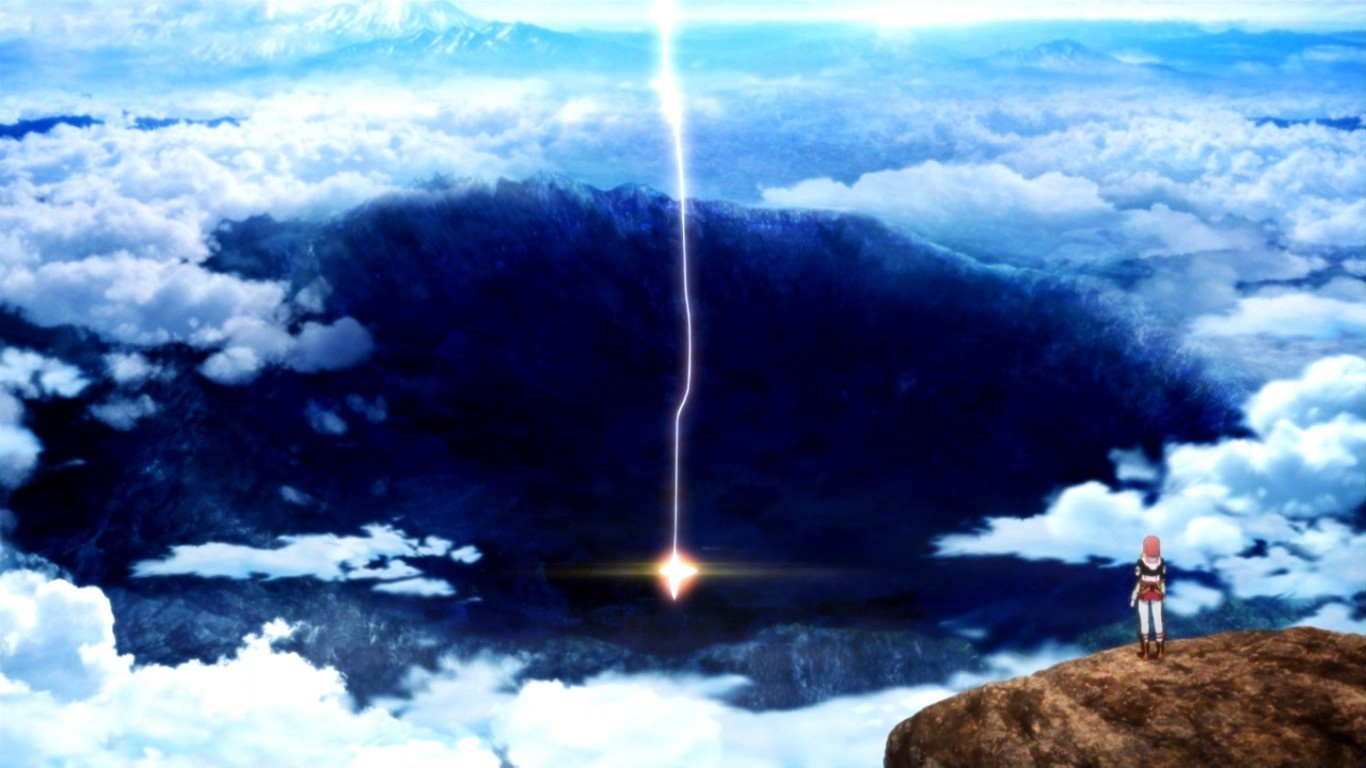 Girl watching lightning strike from mountain top HD Wallpaper
