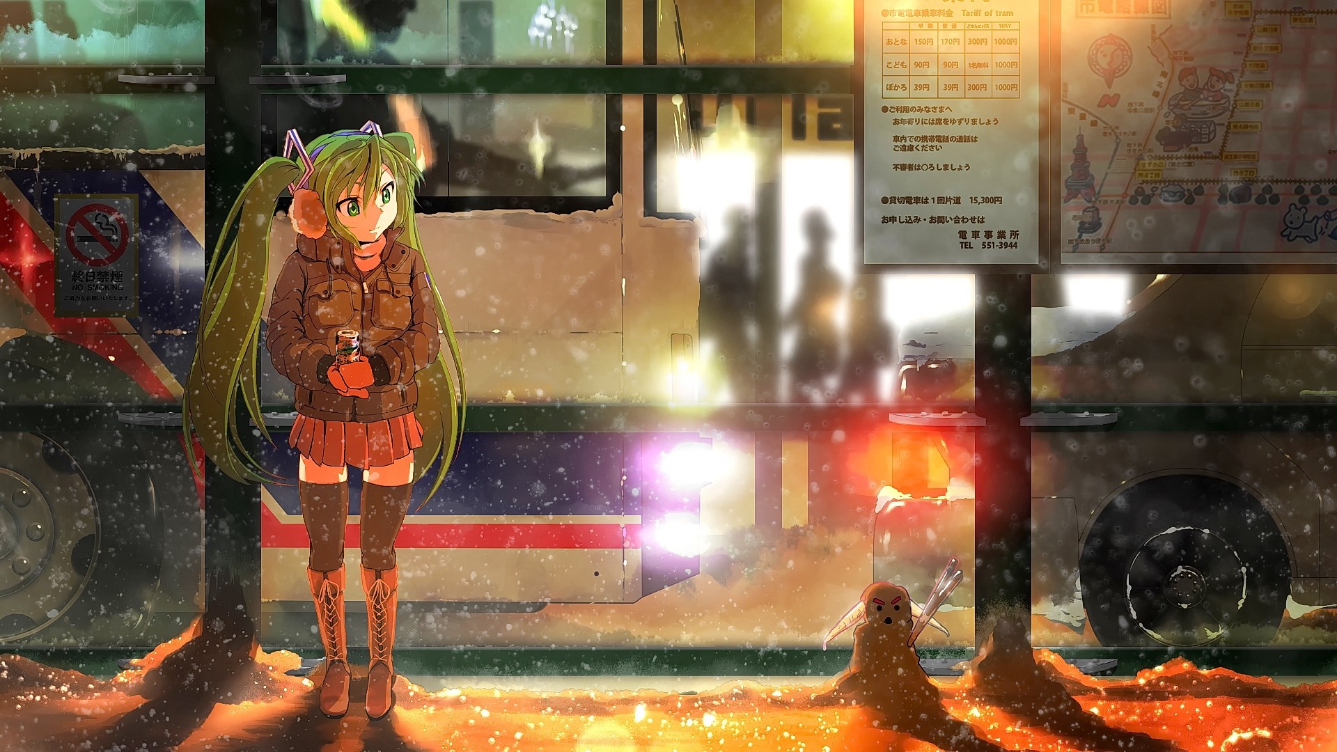 Anime girl with green hair and pigtails in winter HD Wallpaper