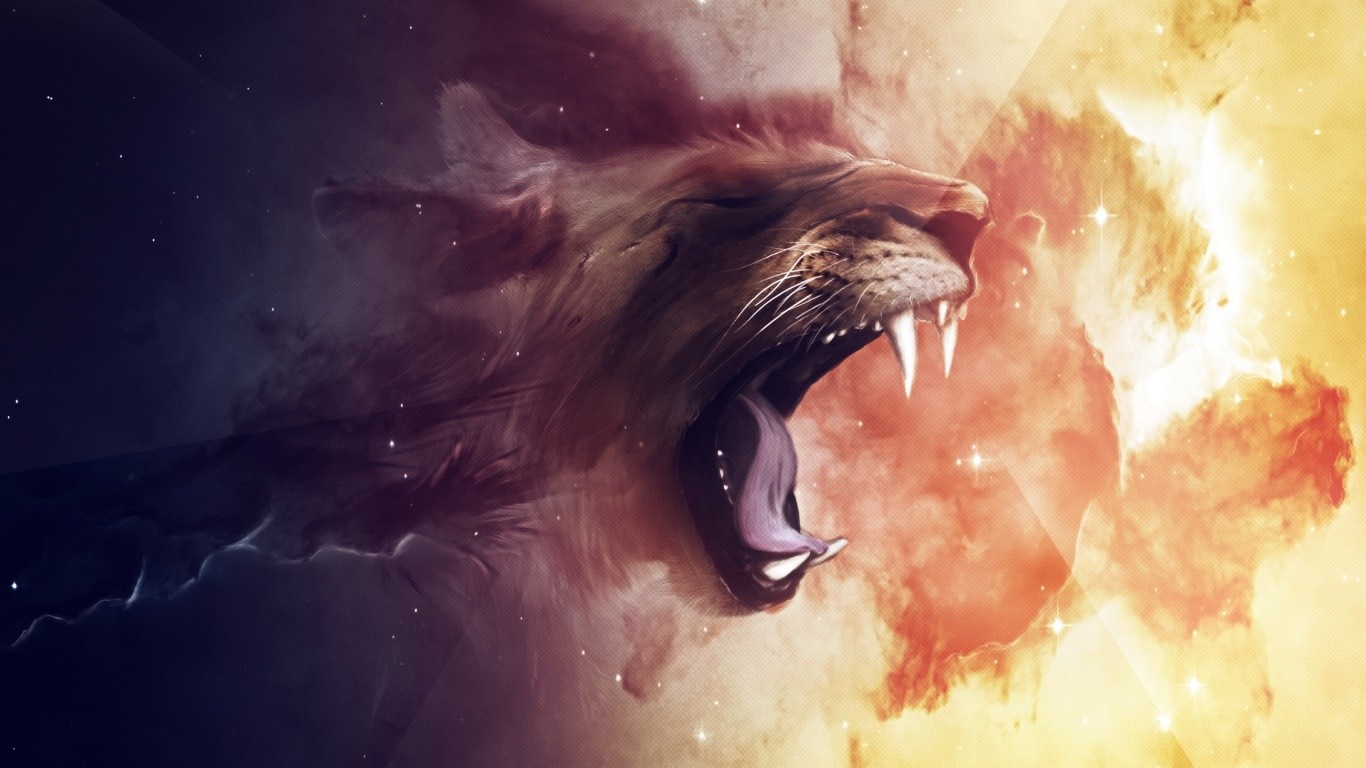 Lion roaring in abstract nebula HD Wallpaper