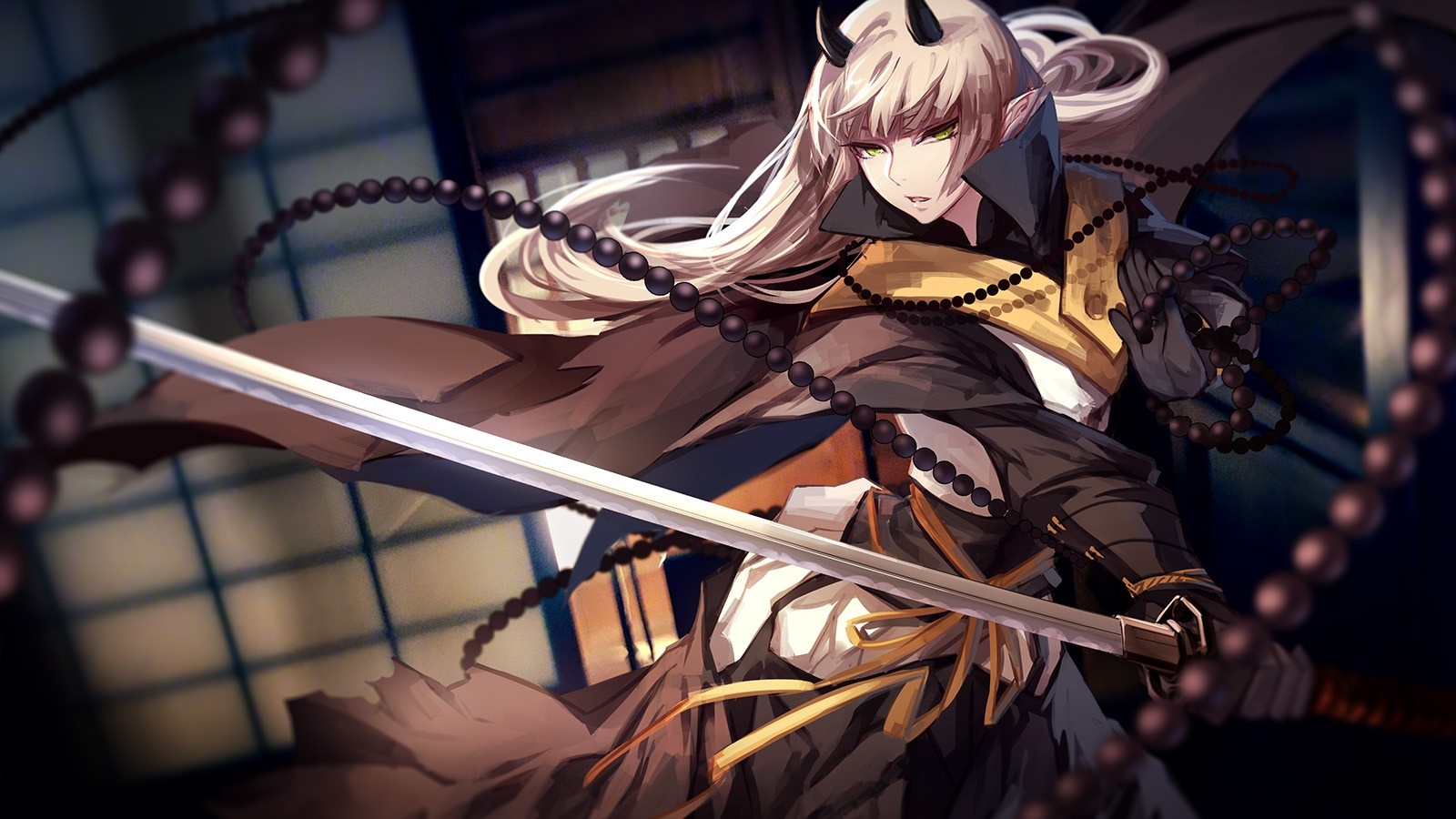 Anime character with horns and katana HD Wallpaper
