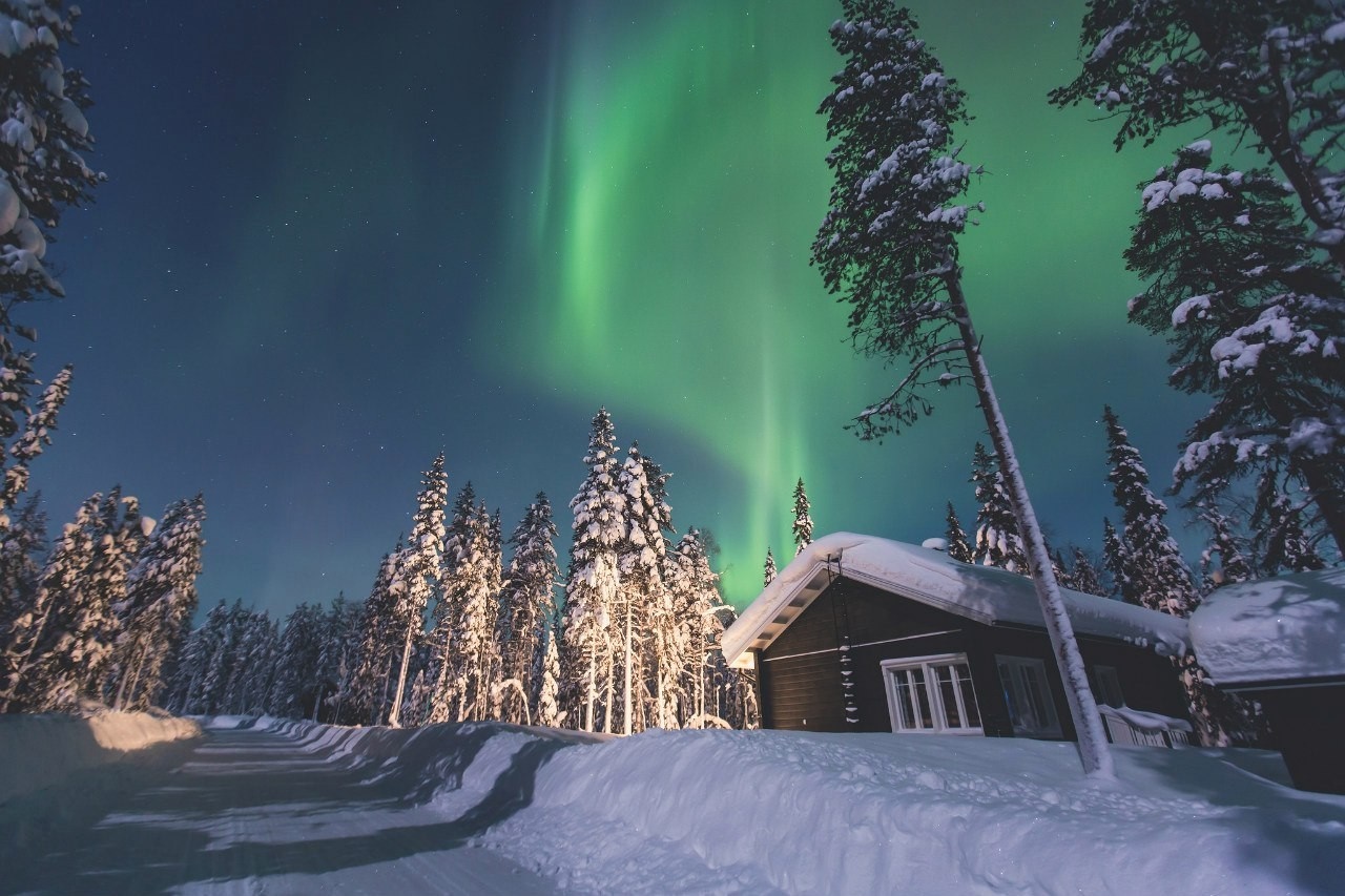 Aurora Borealis over a snowy forest and cabin HD Wallpaper