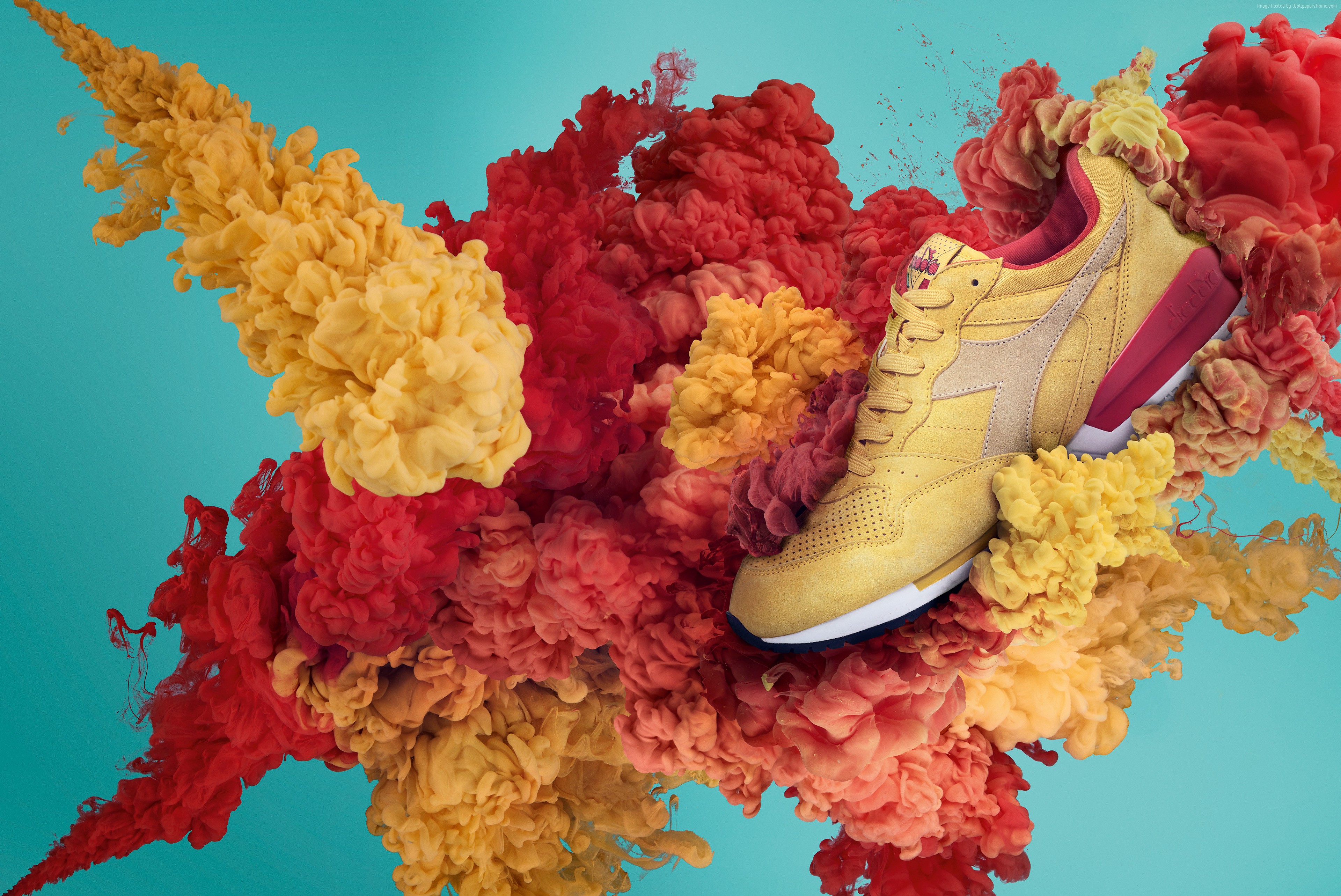 Yellow Diadora Sneakers with Colorful Smoke HD Wallpaper