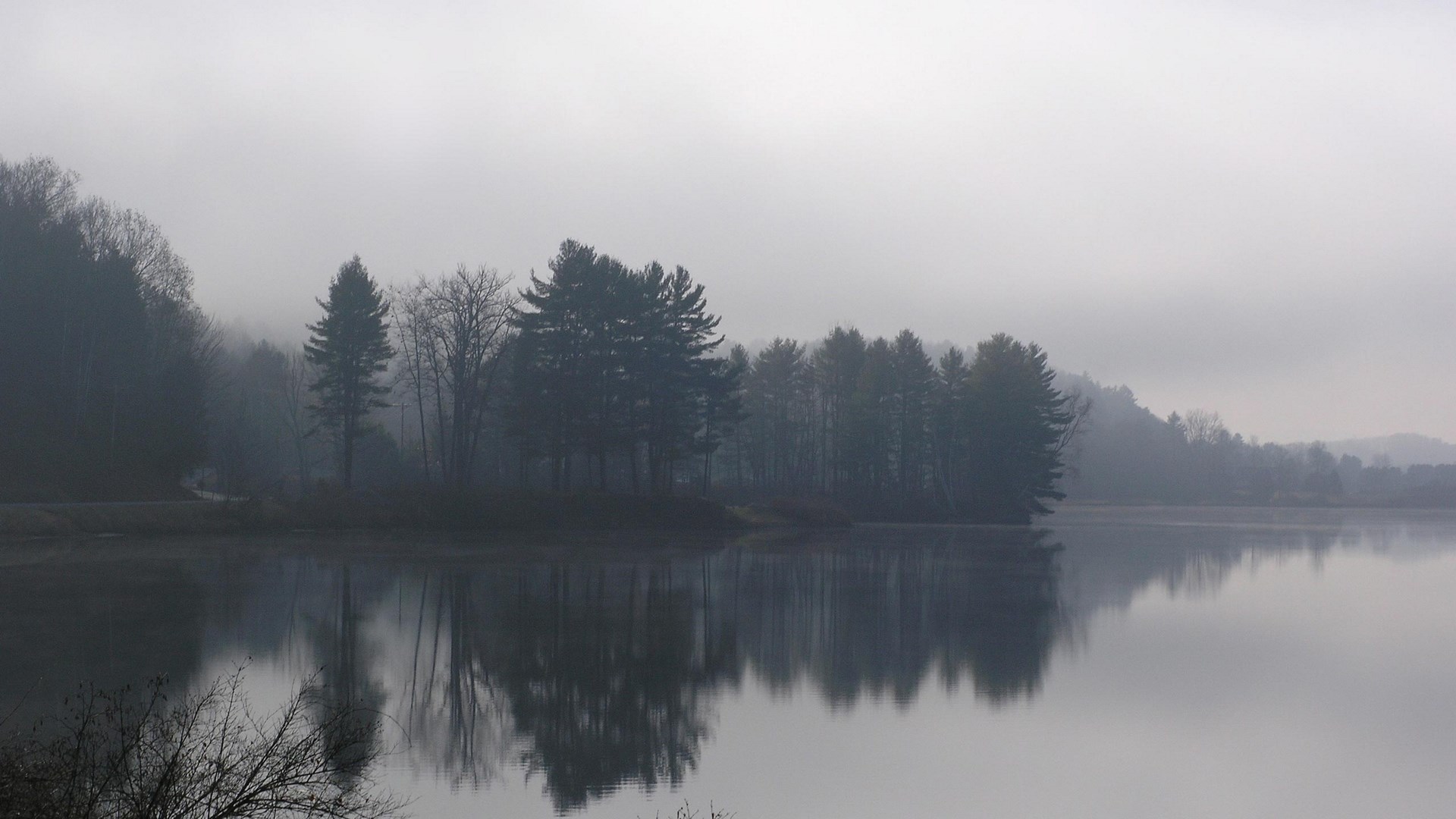 Misty lake with reflections of trees HD Wallpaper