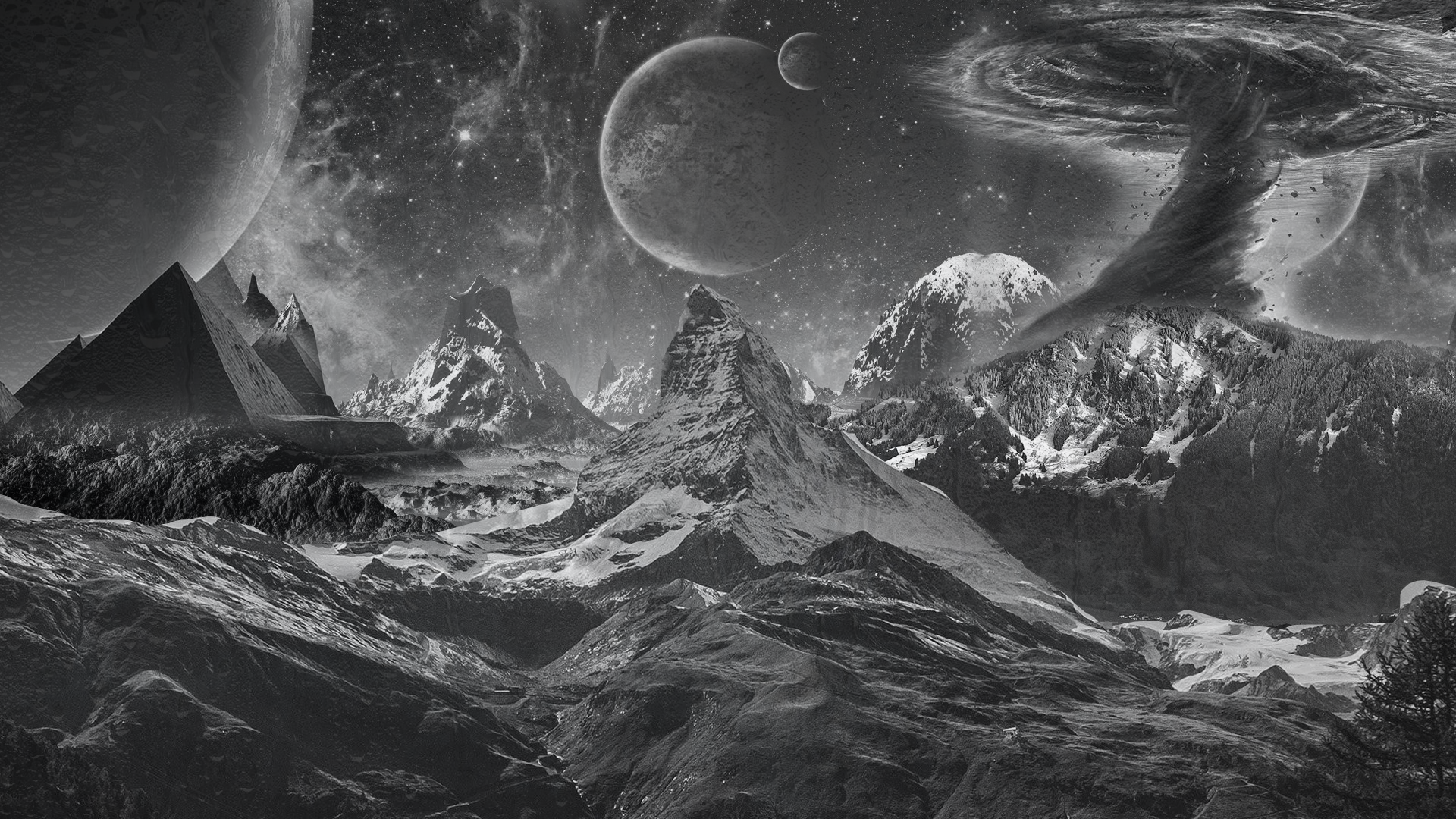 Monochrome alien landscape with pyramids and planets HD Wallpaper