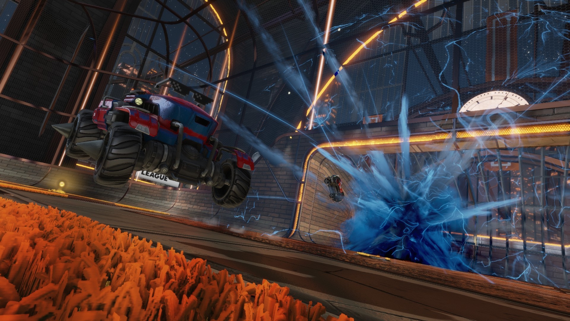 Rocket League car in mid-air during a match HD Wallpaper