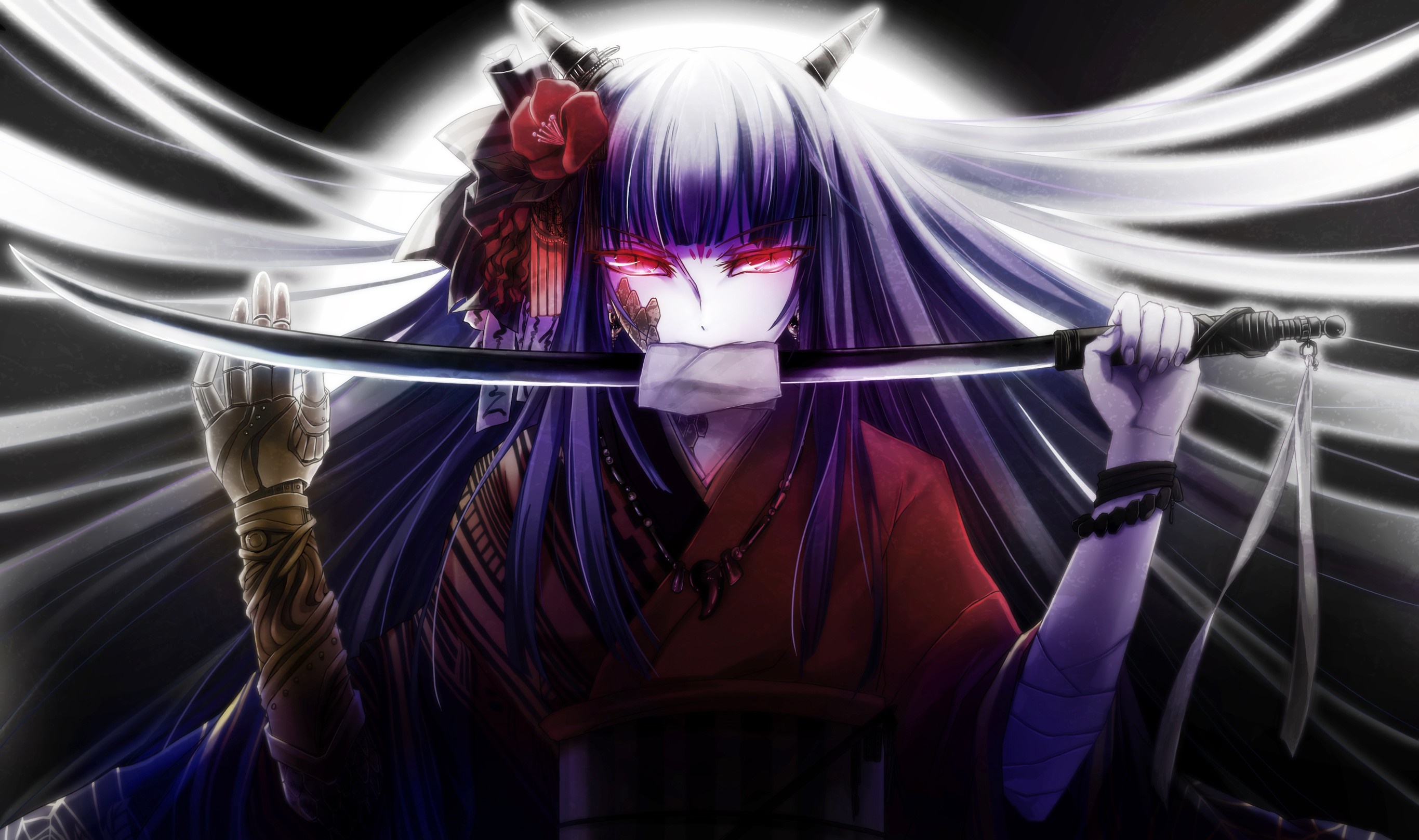 Anime girl with katana and horns HD Wallpaper