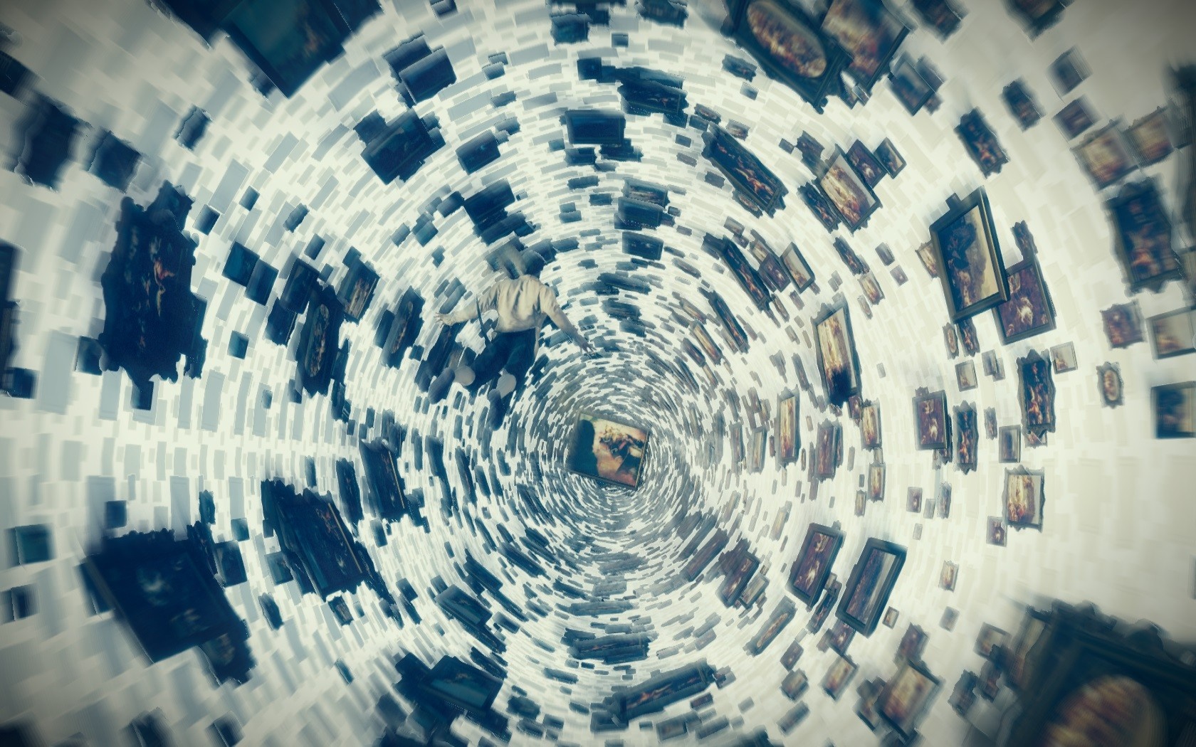 Man falling through a tunnel of paintings HD Wallpaper
