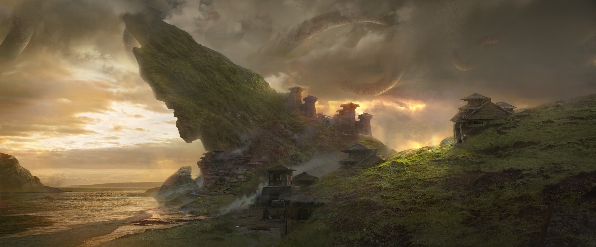 Fantasy landscape with ancient structures and a stormy sky HD Wallpaper