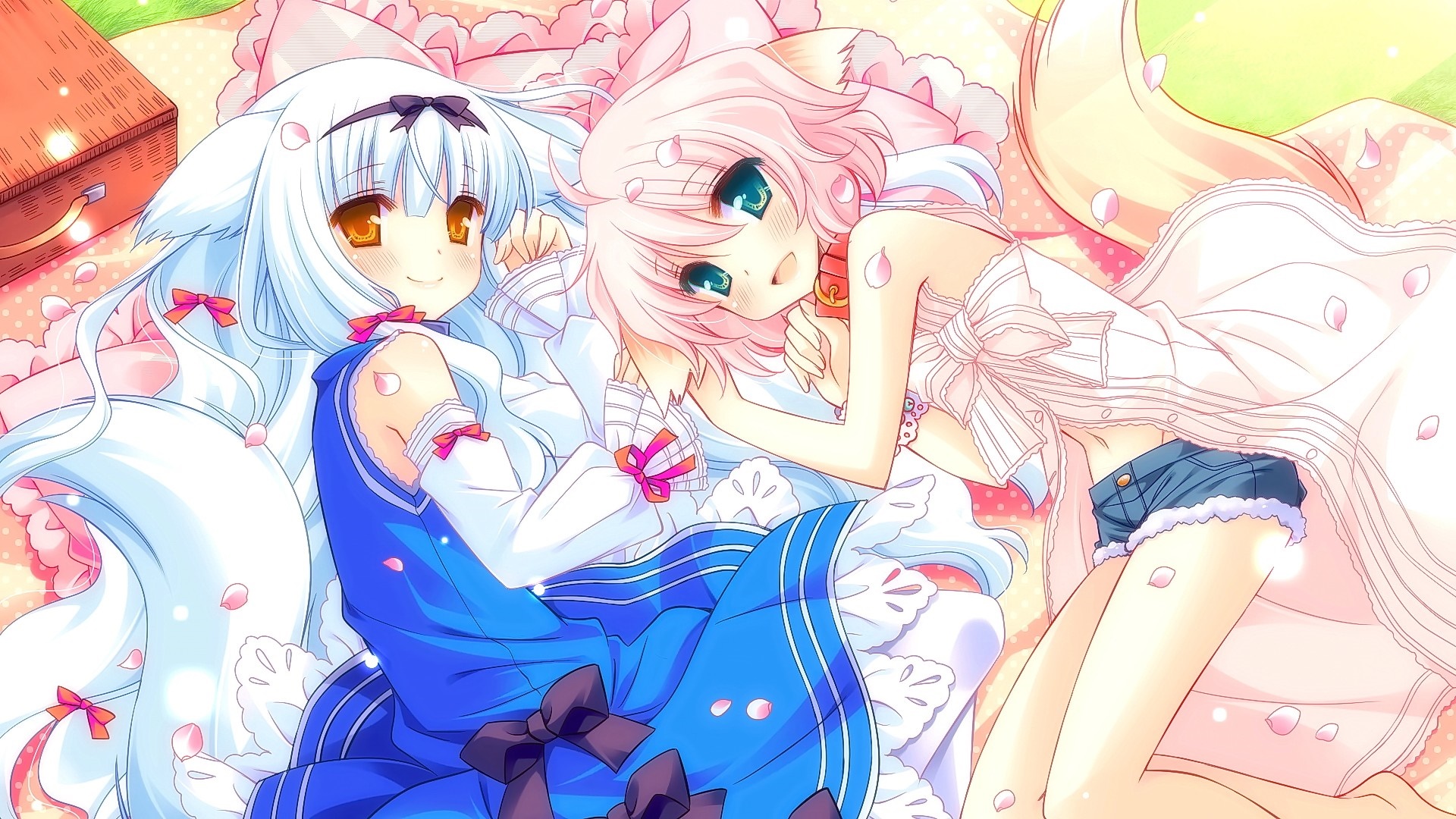 Two anime girls with animal ears on a picnic blanket HD Wallpaper