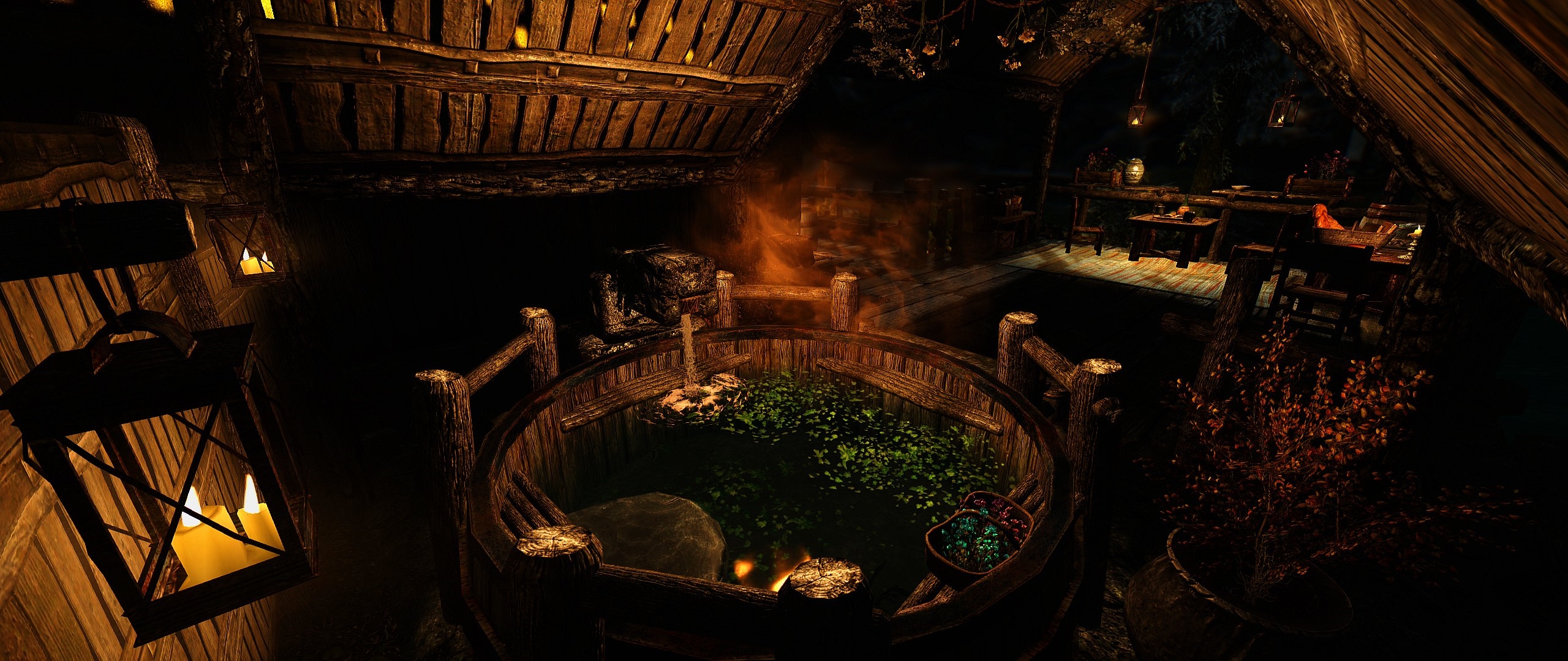 Skyrim screenshot of a rustic hot spring at night HD Wallpaper