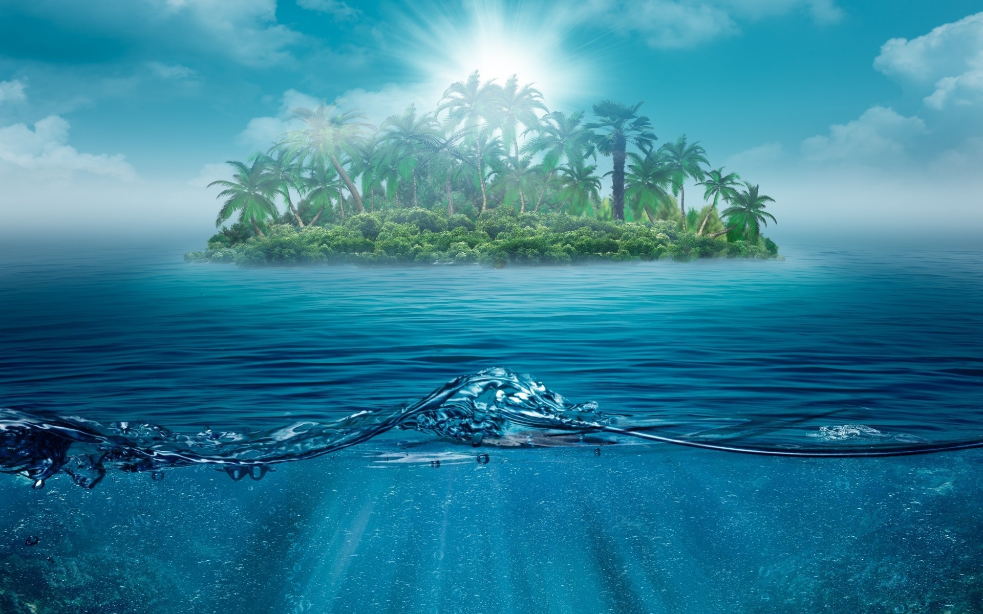 Tropical island with palm trees in the ocean HD Wallpaper