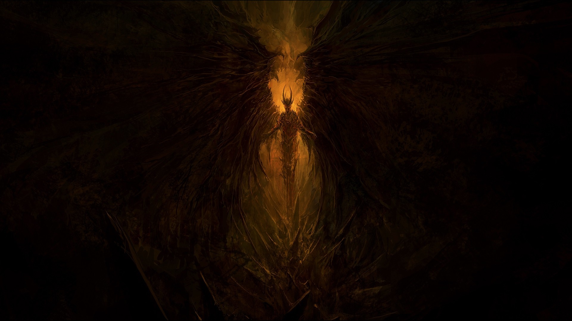 Dark figure with glowing wings in a cave HD Wallpaper