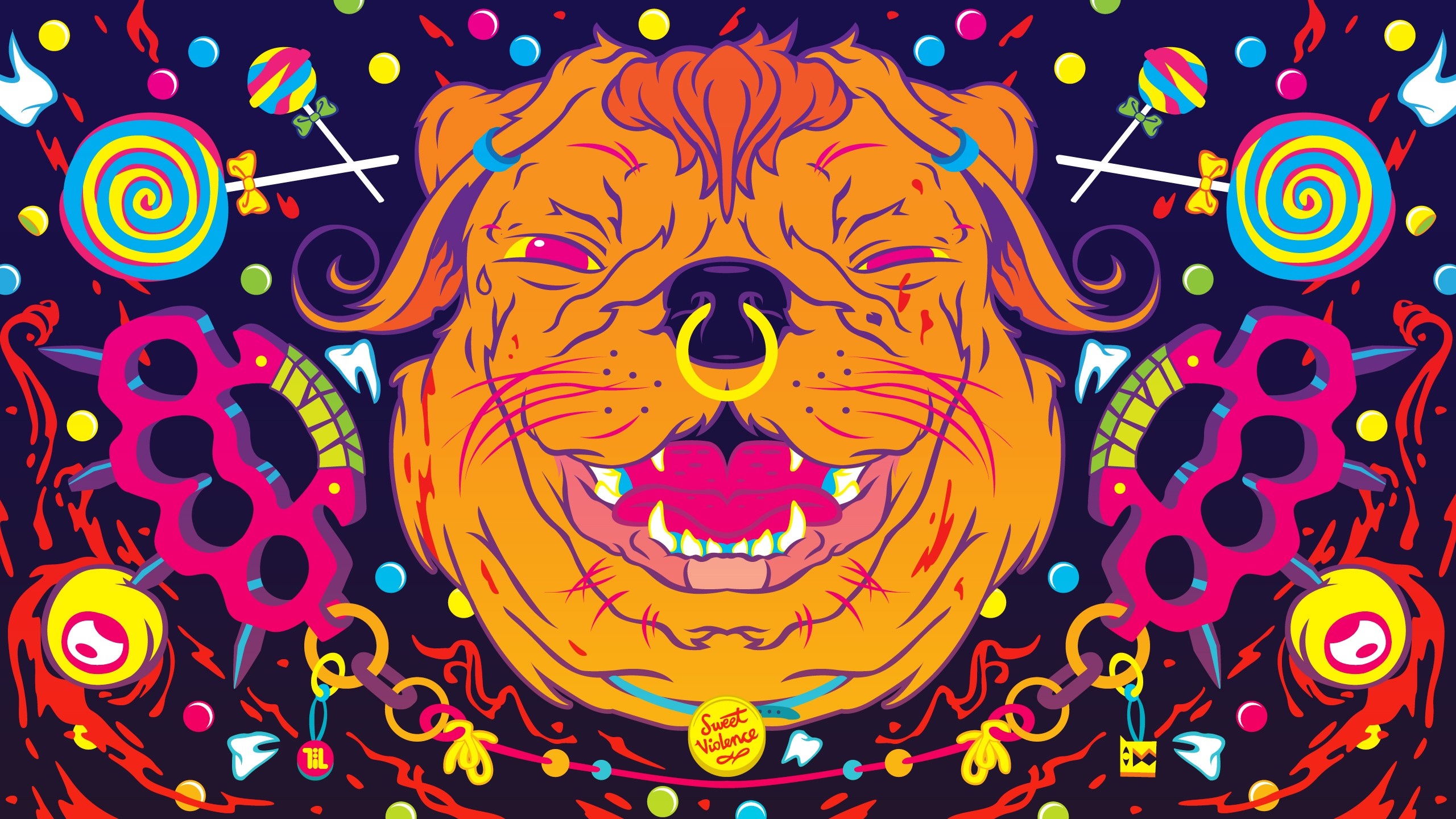 Psychedelic dog with lollipops and brass knuckles HD Wallpaper