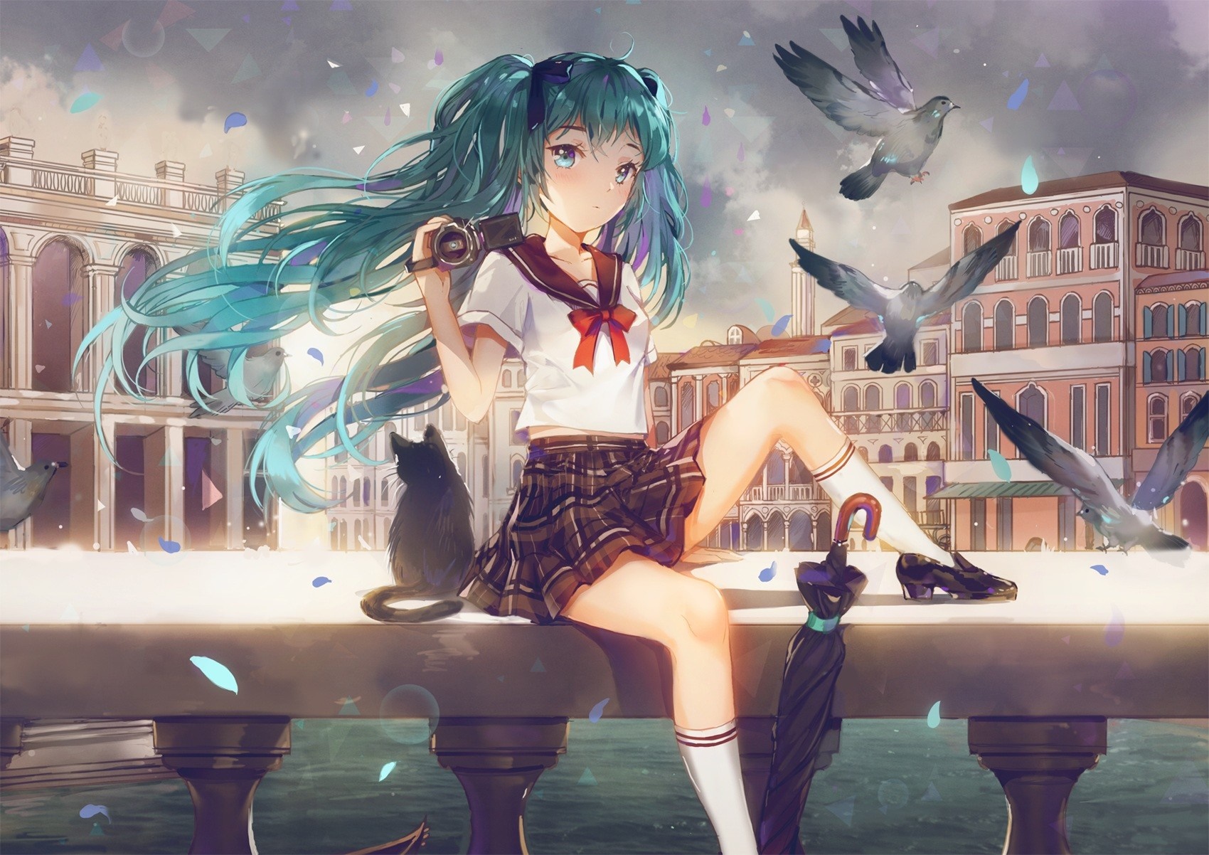 Hatsune Miku with camera and cat in Venice HD Wallpaper