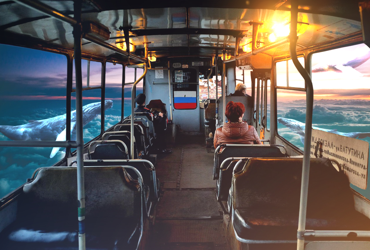 Bus traveling through clouds with whales HD Wallpaper